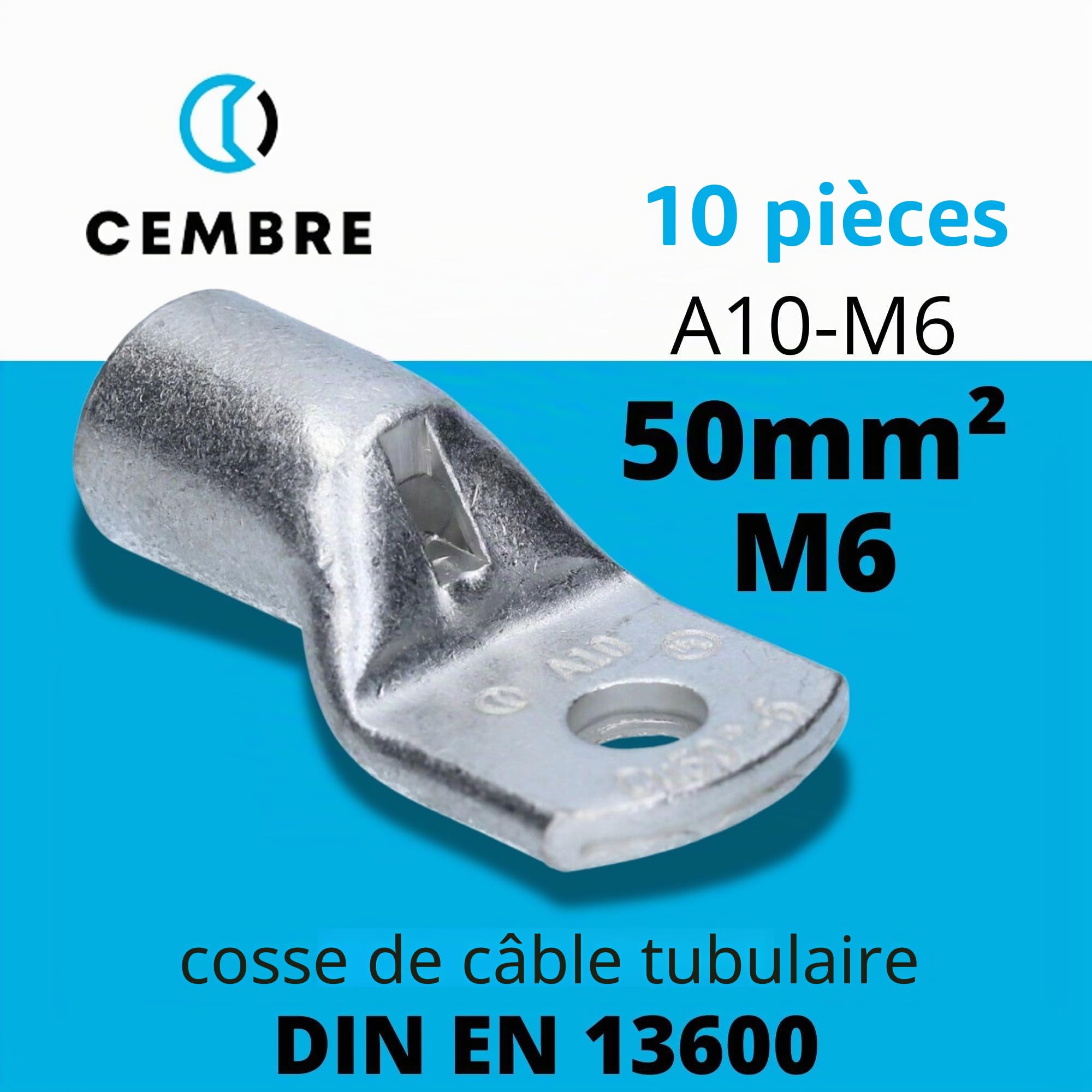 Cembre A10-M6 Lot de 10 Cosses Tubulaires 50 mm² en Cuivre Étamé | Connecteurs de câble non isolés conformes à la norme DIN EN 13600 pour installations électriques industrielles et automobiles