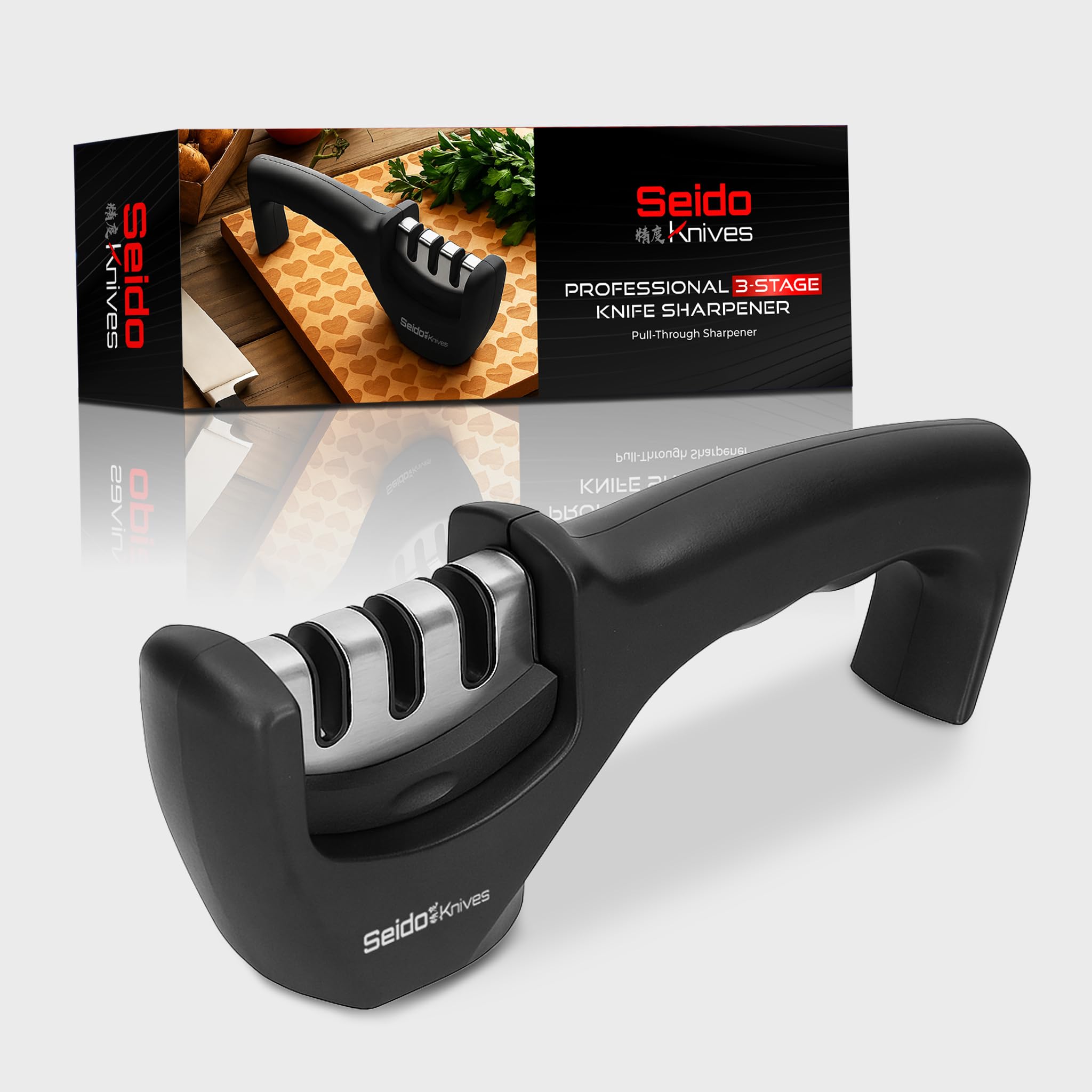 Seido Knives Tungsten Steel Knife Sharpener - 3-Stage Sharpening System for Effortless Precision Cutting | Ceramic Rods and Diamond Abrasives for Kitchen and Outdoor Knives
