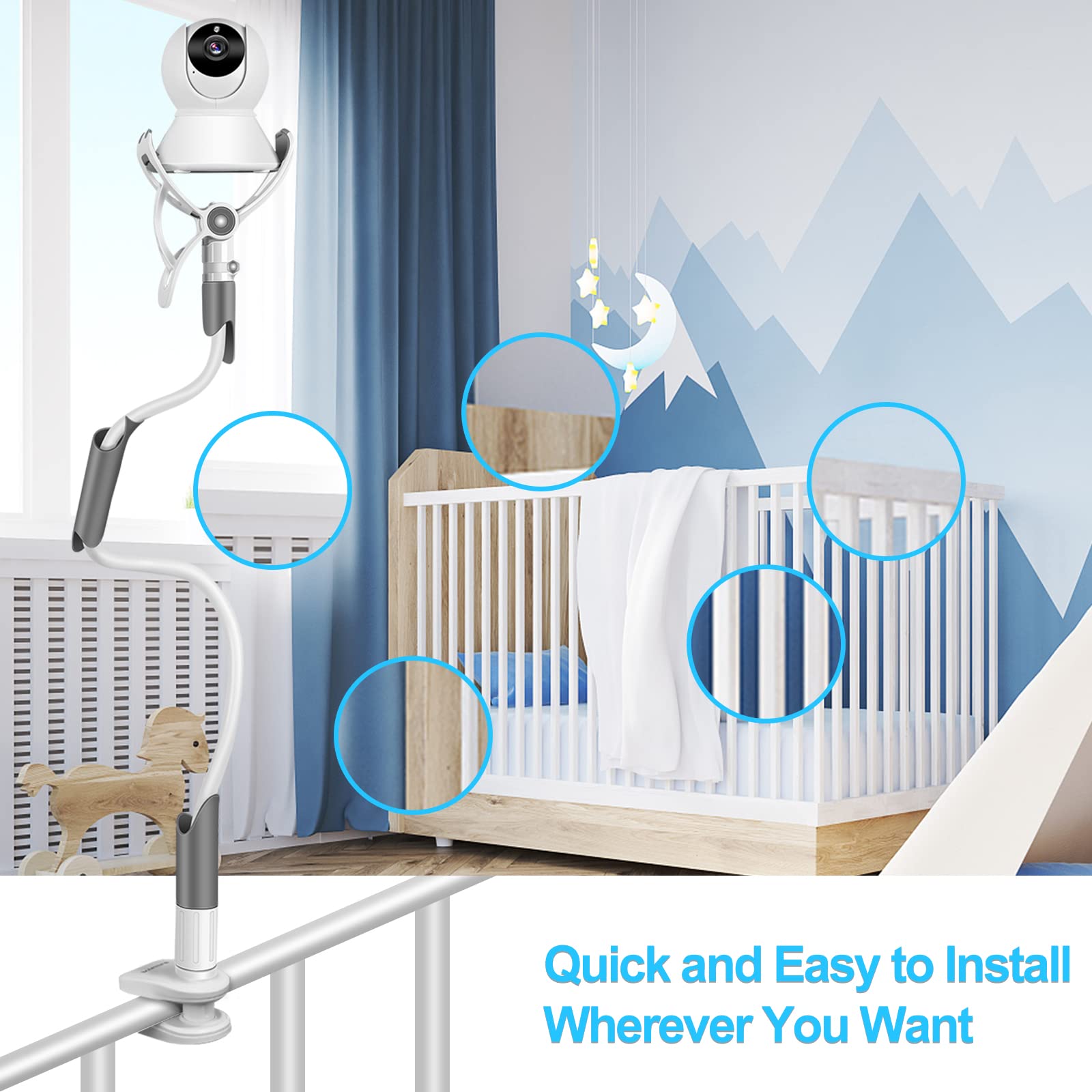 BURNNOVE Soporte para Vigilabebes Universal, Soporte para Cámara Monitor de Bebé Ajustable sin Perforación, Giratorio de 360 °, Compatible con la Mayoría de de Monitores de Bebé, Teléfonos Móviles