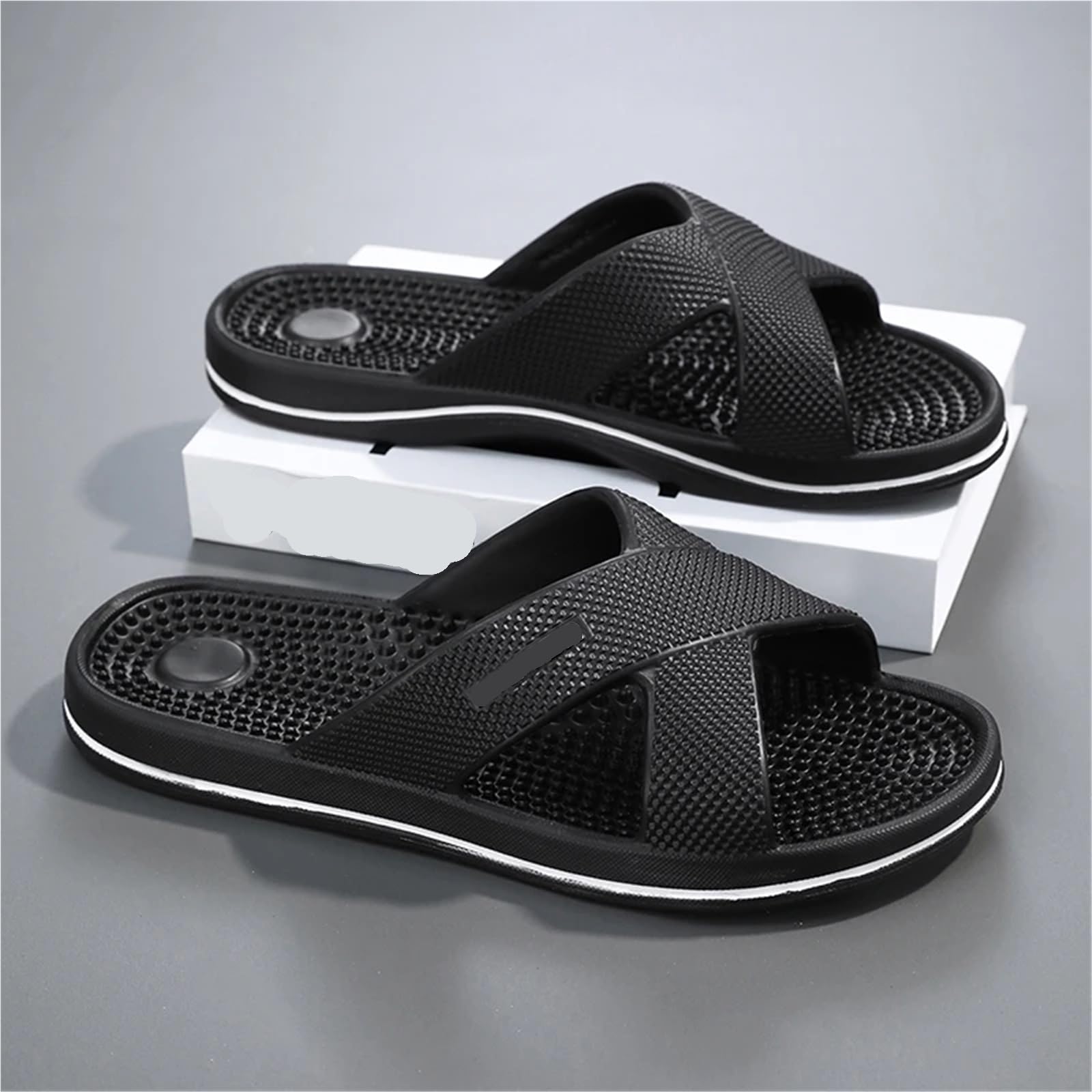 Männer Massage Hausschuhe Atmungsaktive Haus Badezimmer Schlafzimmer Flip-Flops Strand Plus Größe(Black,47-48)