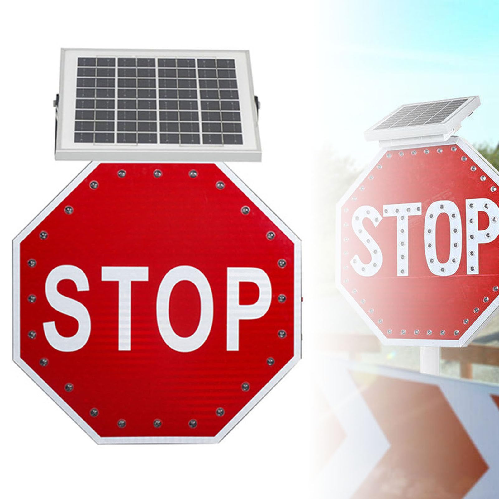 Zasilany energią słoneczną migający znak stopu, aluminiowa ośmiokątna odblaskowa tablica ostrzegawcza LED, bezpieczeństwo ruchu drogowego na zewnątrz