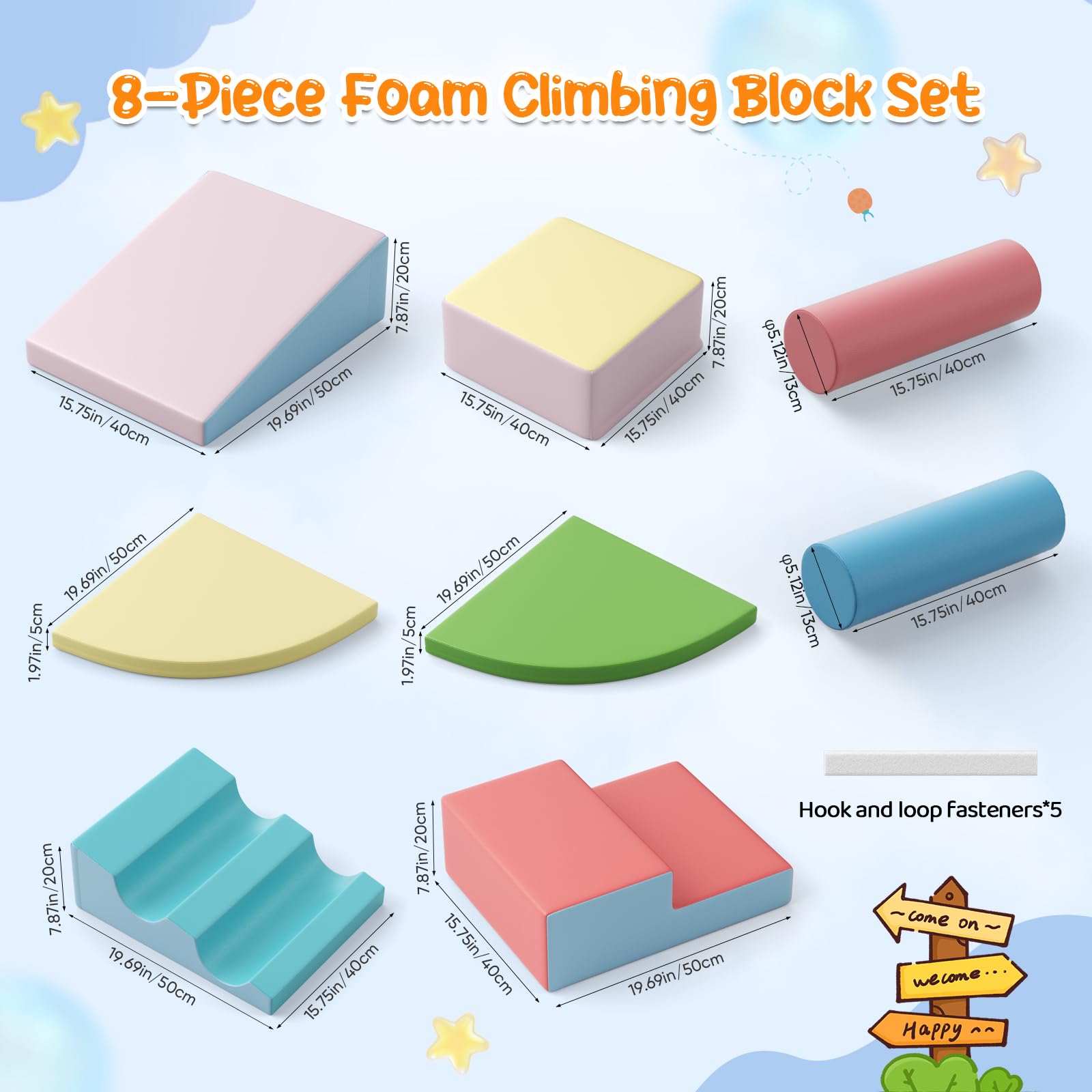 8p - Bloques de escalada blancos para niños, bloques de escalada para bebés, revestimiento de PU resistente a los arañazos, fácil de limpiar, cierre de cremallera oculta, espuma de alta