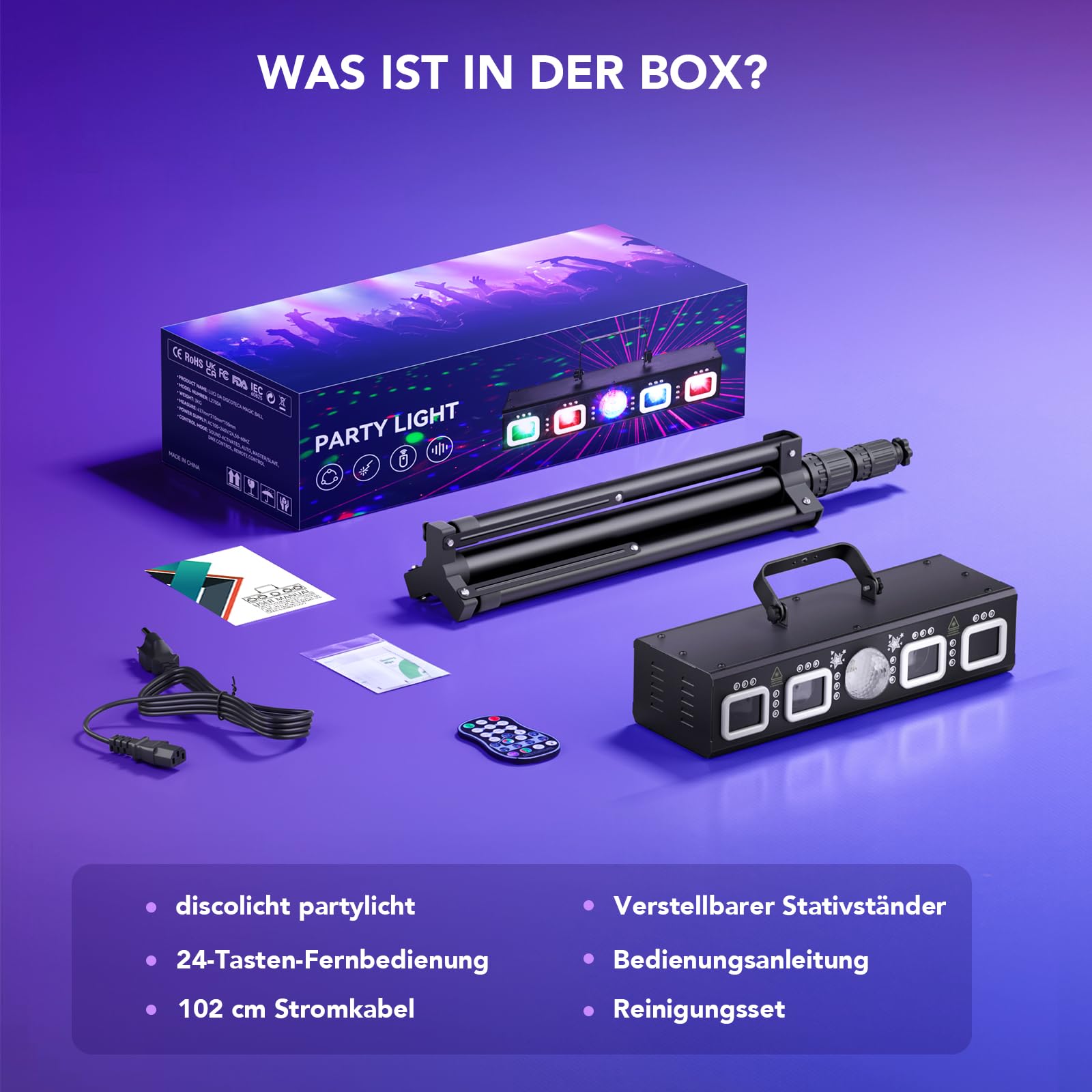 KeoBin 6-in-1 Discolicht Partylicht mit 61 Zoll Stativ& RGB, UV & Strobe | Discokugel, Musiksteuerung, 6 Auto-Programme, 18CH DMX512, Fernbedienung, 24–61 Zoll höhenverstellbar für Partys & Clubs