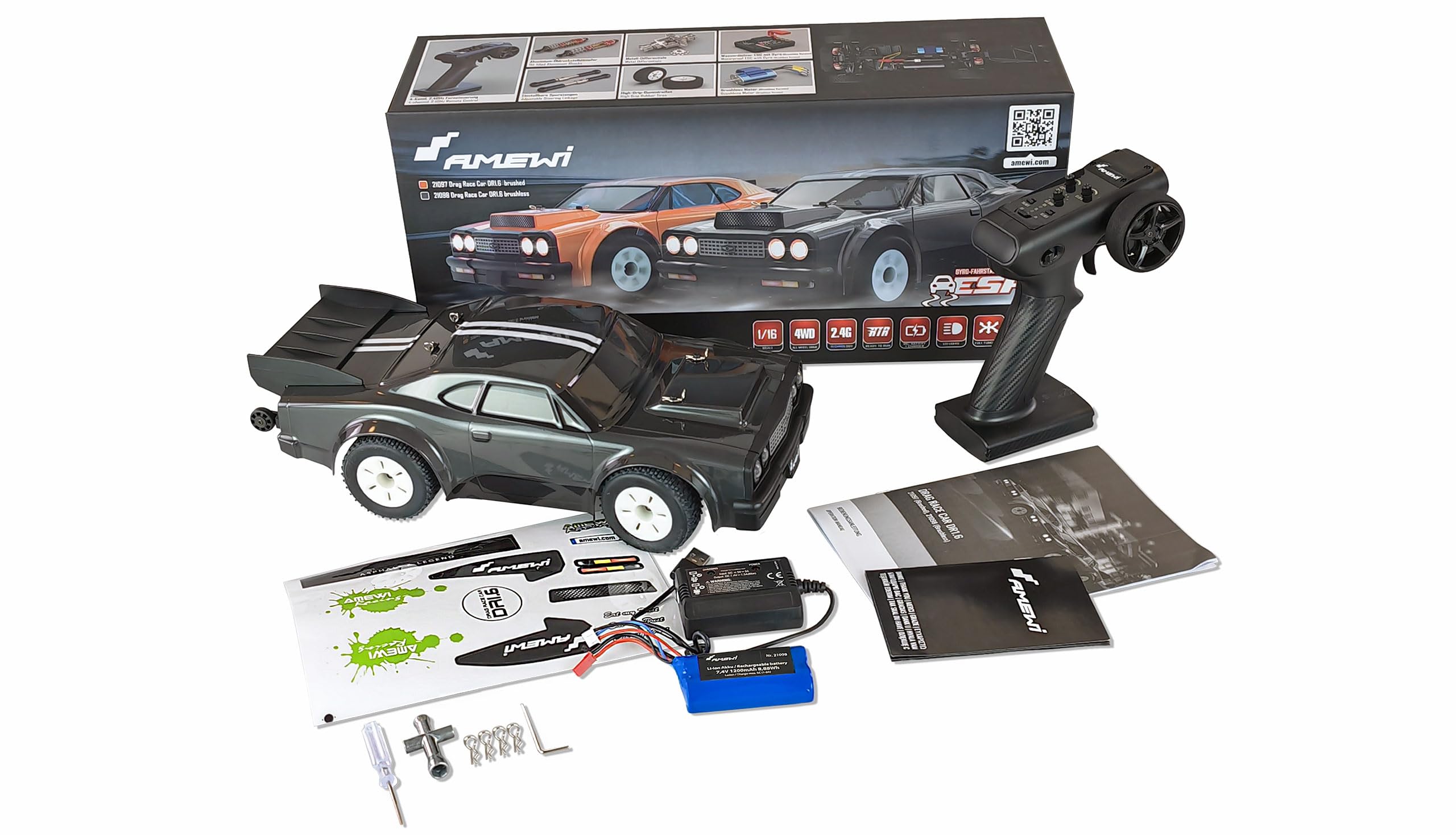 Amewi 21098 DR1.6 Drag Racer Brushless 4WD 1:16 RTR ciemnoszary