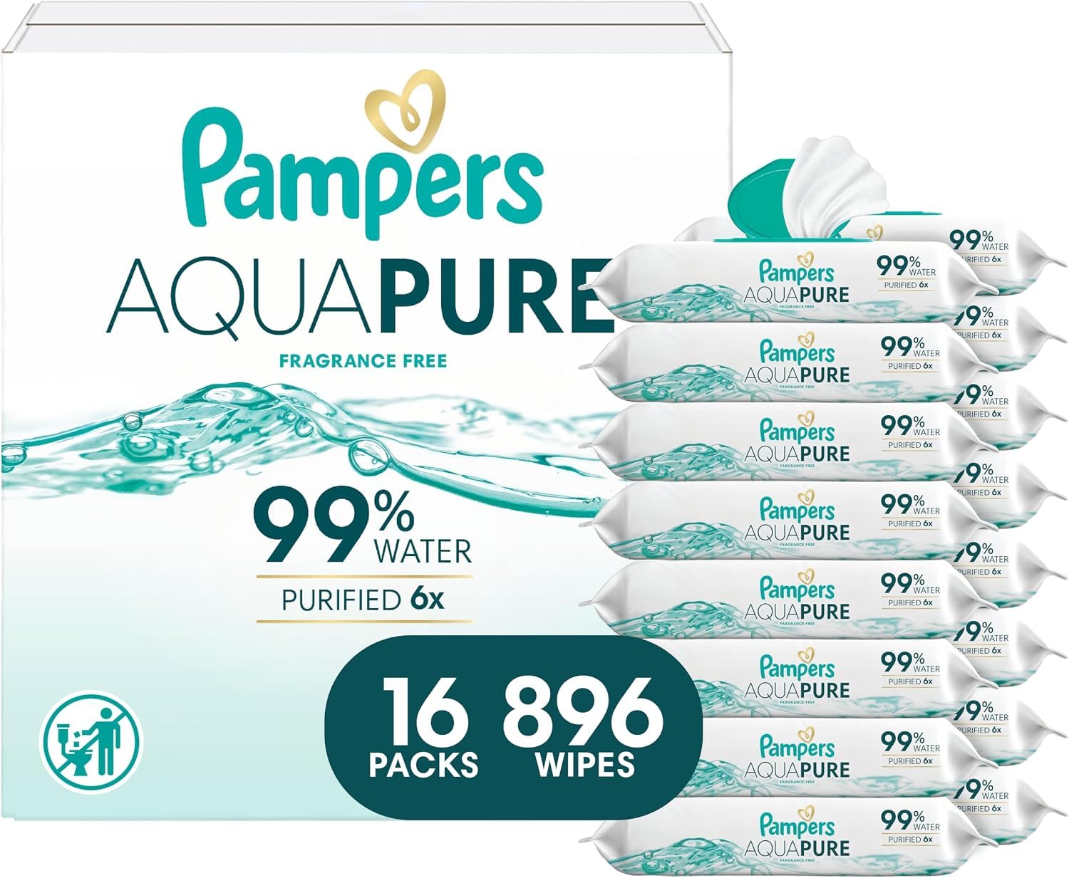 Pampers Aqua Pure Baby Wipes, Unscented, Fragrance Free, 99% Water, Water Based, Multi-Use, 896 Wipes Total (16X Flip-Top Packs)