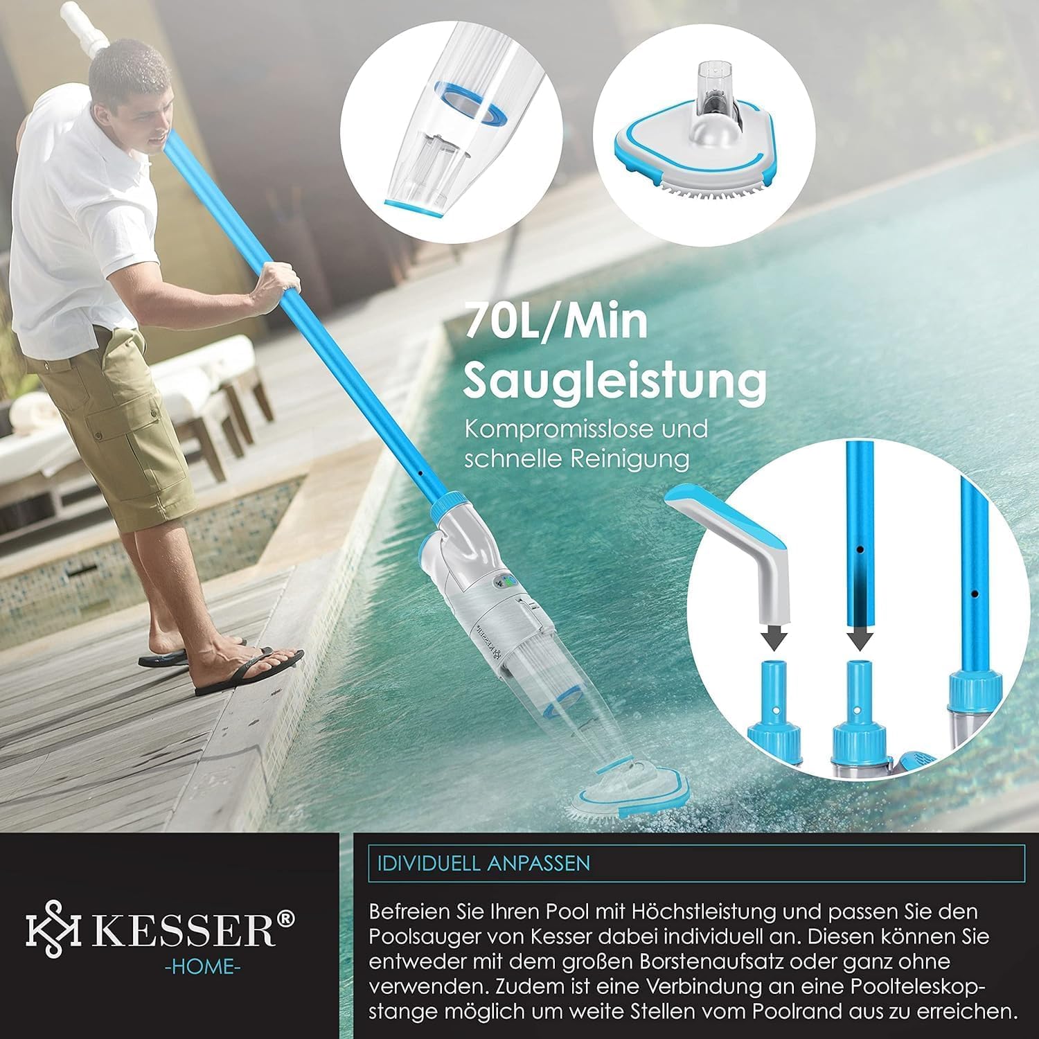 KESSER® Aspiratore per piscina con batteria | aspiratore elettrico per piscina | Pulitore per piscina con filtro e sistema a 2 velocità | Set di pulizia senza fili fino a 15 m³, con copertura