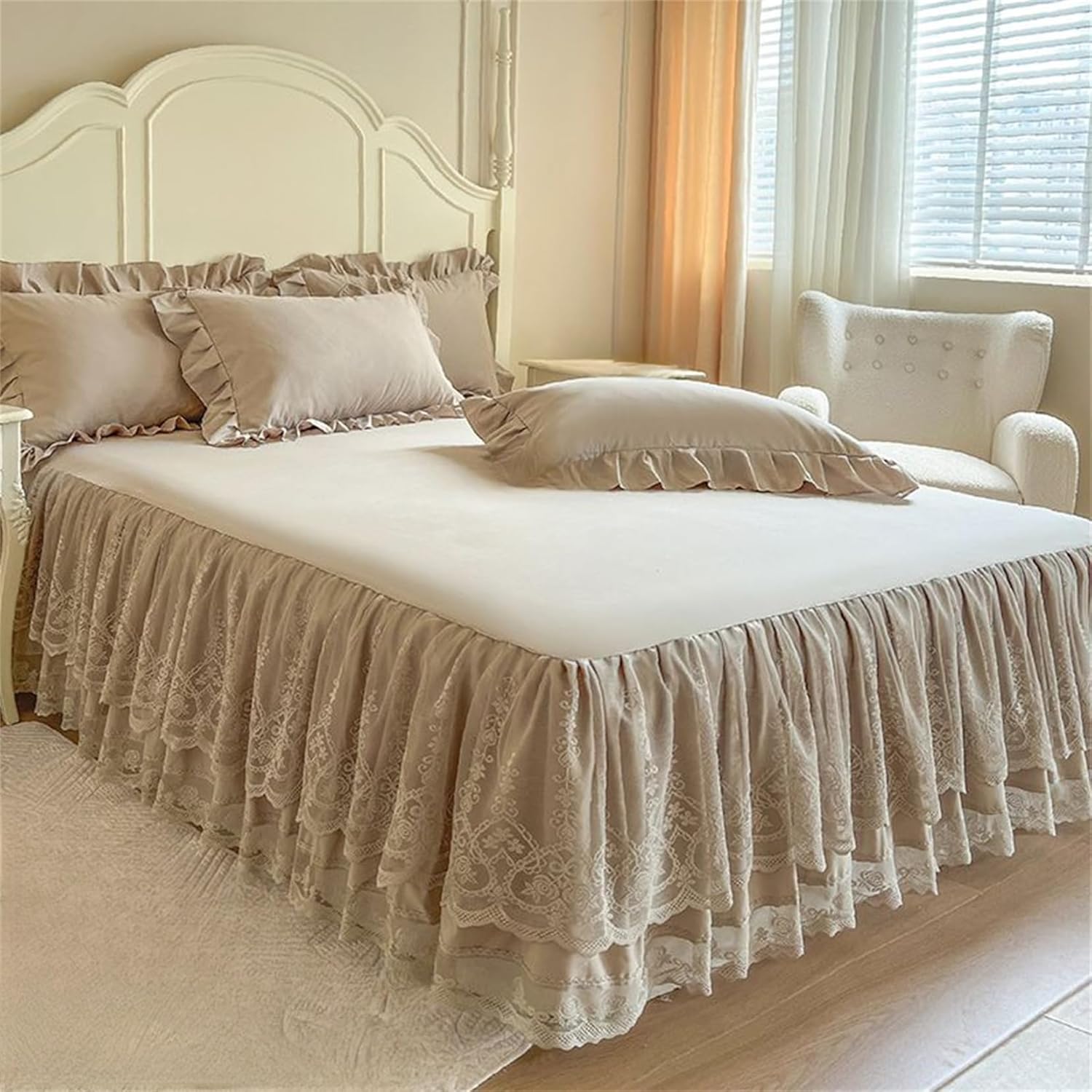 Vintage Summer Ruffled Bed Skirt with Sheet,Dust Ruffle Bedskirt with Two Lace Layers,17.7" Drop