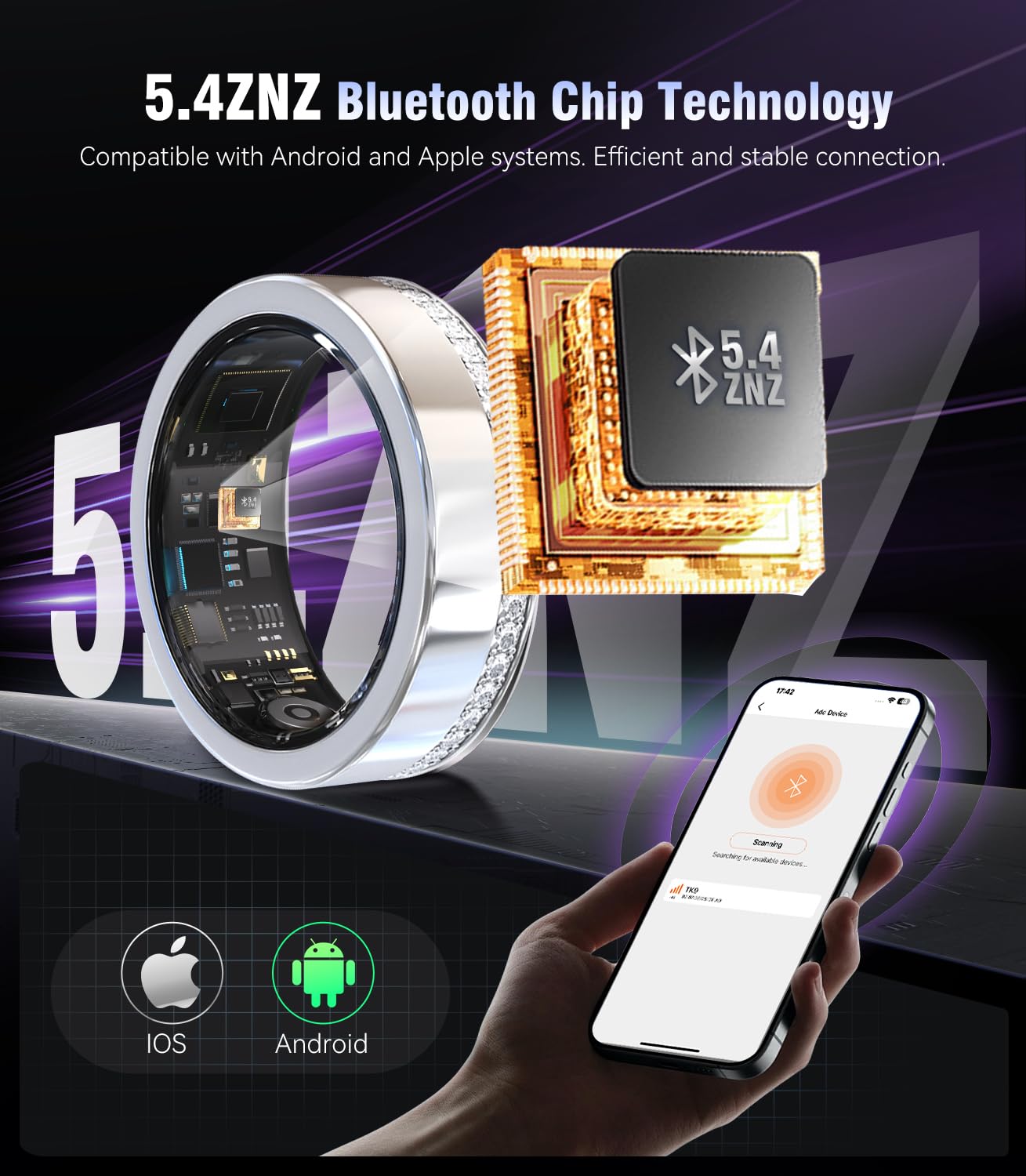 Smart Ring 10. Gen Diamant 【IP68 Wasserdicht-0 Messfehler】with Heart Rate, Sleep Monitor，mit Android und iOS(Silber 7#)