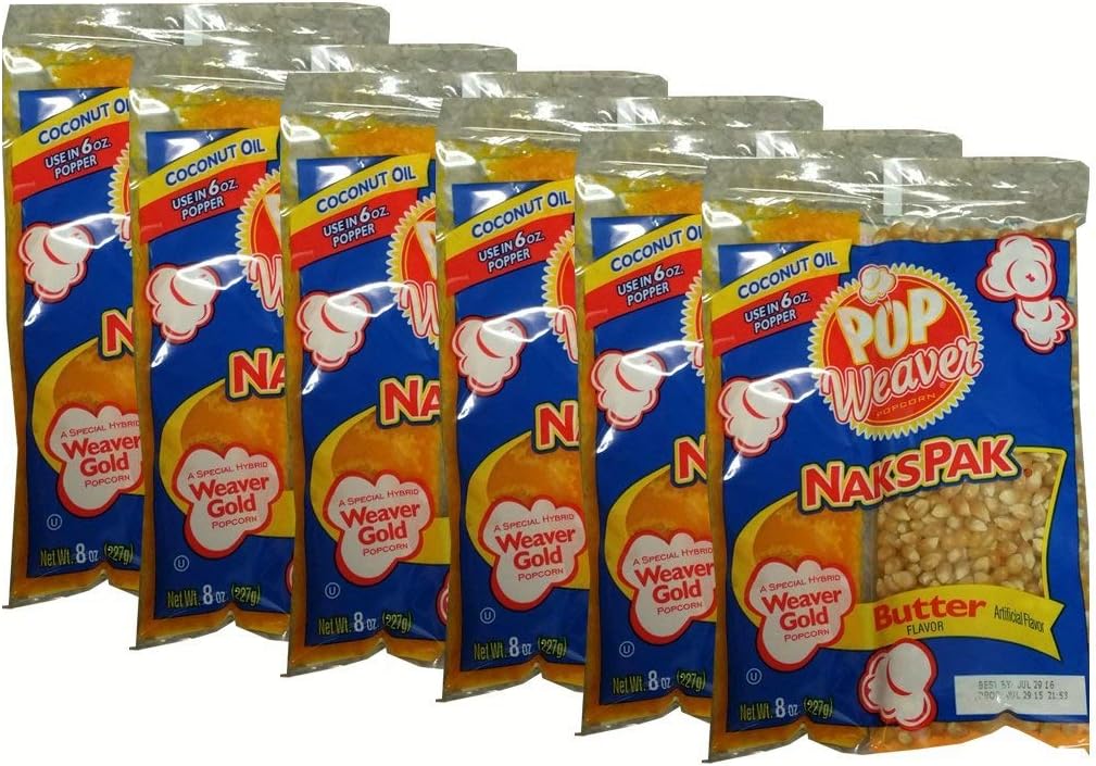 Pop Weaver Naks Pak 8 oz Butter Flavored Coconut Oil and Popcorn Packs for 6 oz Popper Popping Machine - 6 Pack (12 Pack)