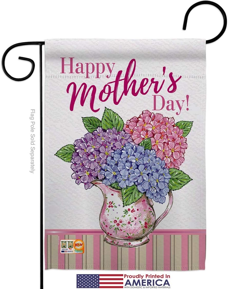 Mother Day Hydrangeas Garden Flag Set with Stand Family Mom Mama Grandma Love Flowers Parent Sibling Relatives Grandparent Small Decorative Gift Yard House Banner Made In USA 13 X 18.5