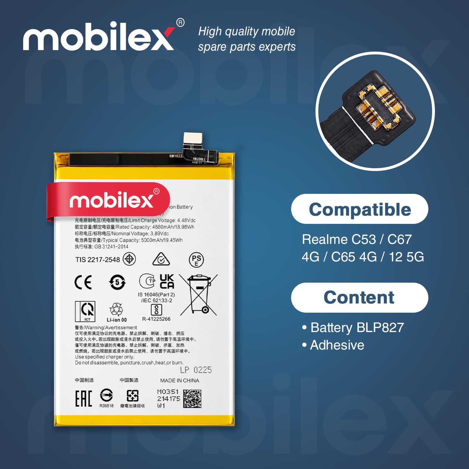 MOBILEX® Batería BLPA17 para realme C53 / C67 4G / C65 4G / 12 5G | Carga Rápida | 5000mAh | Interna Repuesto con Adhesivo | Capacidad Original