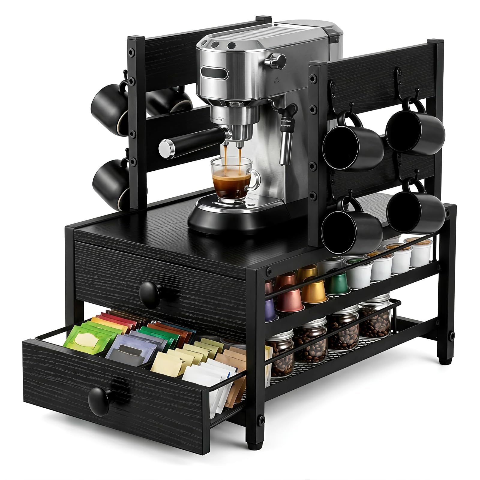 K Cup Holder, Coffee Pod Holder with 2-Tier Sliding Storage Drawer and 8 Hooks for Capsule Coffee Cup, K Cup Coffee Station Organizer Accessories for Counter Office Kitchen Pull-Out Design(Black)