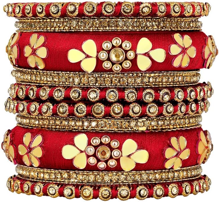 Aheli Synthetic Stone Studded 2.6 Inch Green Silk Thread Bangles Set Ethnic Fashion Jewellery Gift for Women