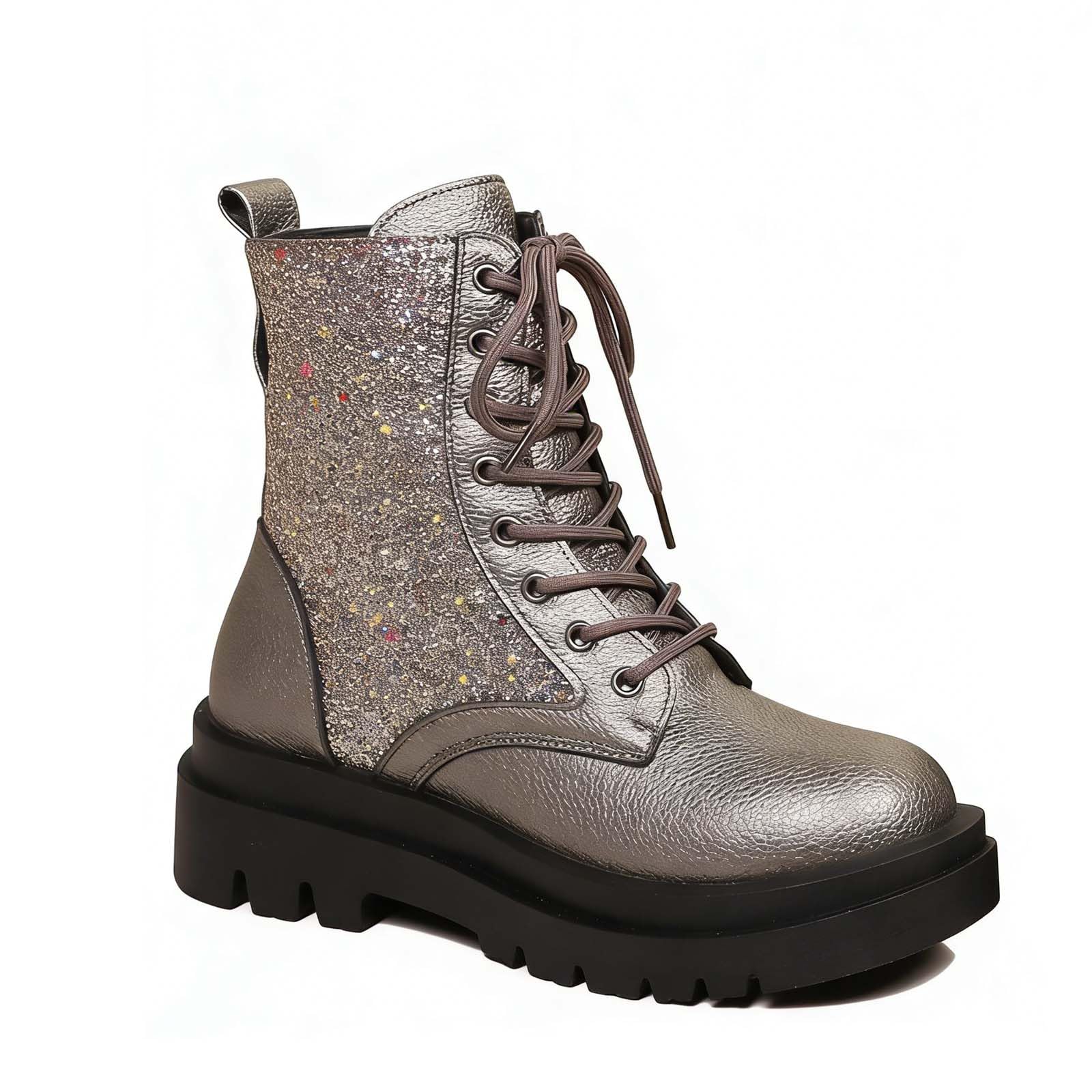Womens Glitter Combat Boots Round Toe Lace Up Chunky Low Heel Sparkly Ankle Booties Comfy Combat Ankle Boots