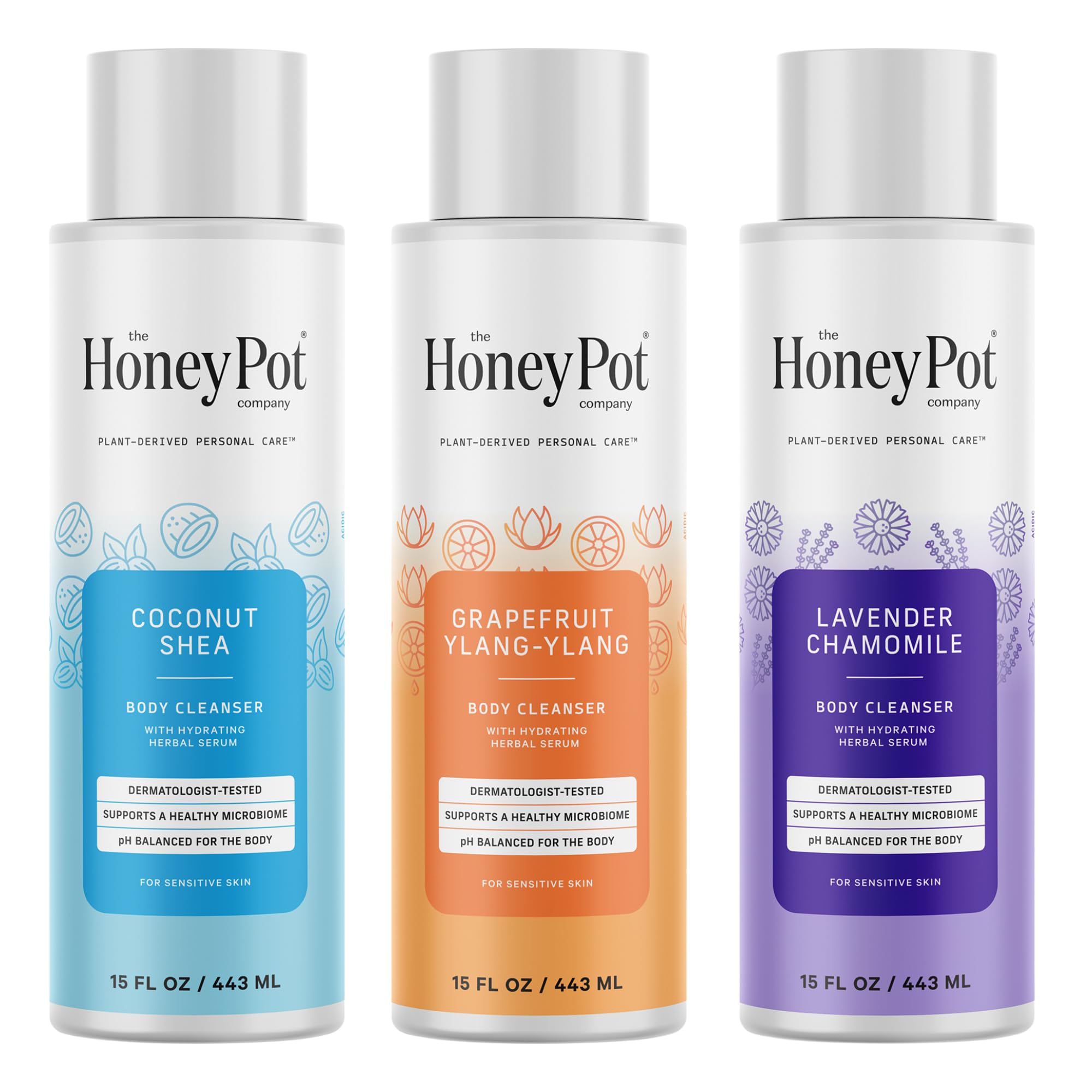 The Honey Pot Company - Body Cleanser - Variety Pack - Coconut Shea Lavendar Chamomile and Grapefruit Ylang