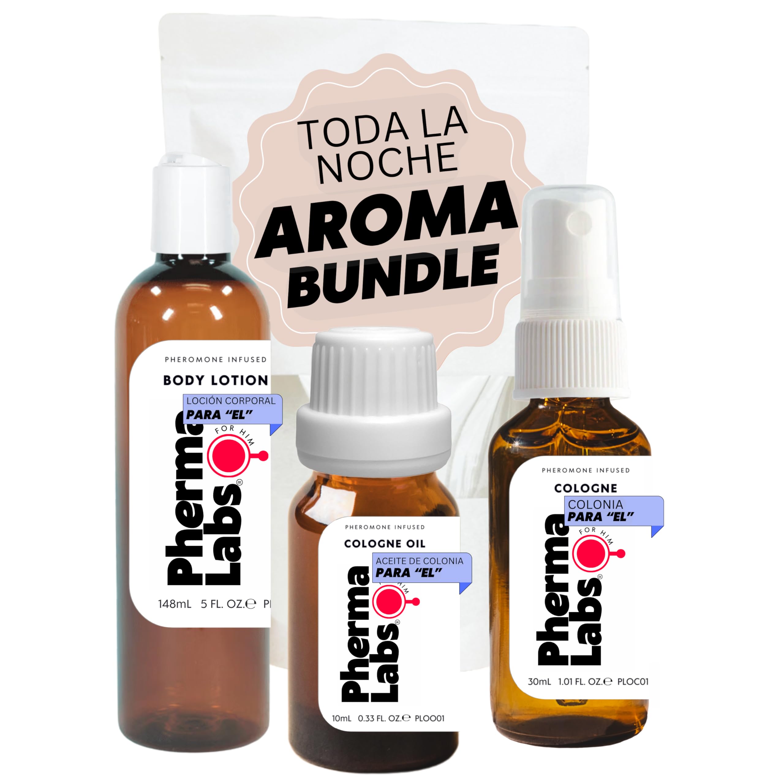 PHERMALABS Feromonas Toda La Noche Colonia Esencial Bundle Plus: Colonia, Aceite corporal y Loción corporal (3 artículos) - para él [atraer mujeres]