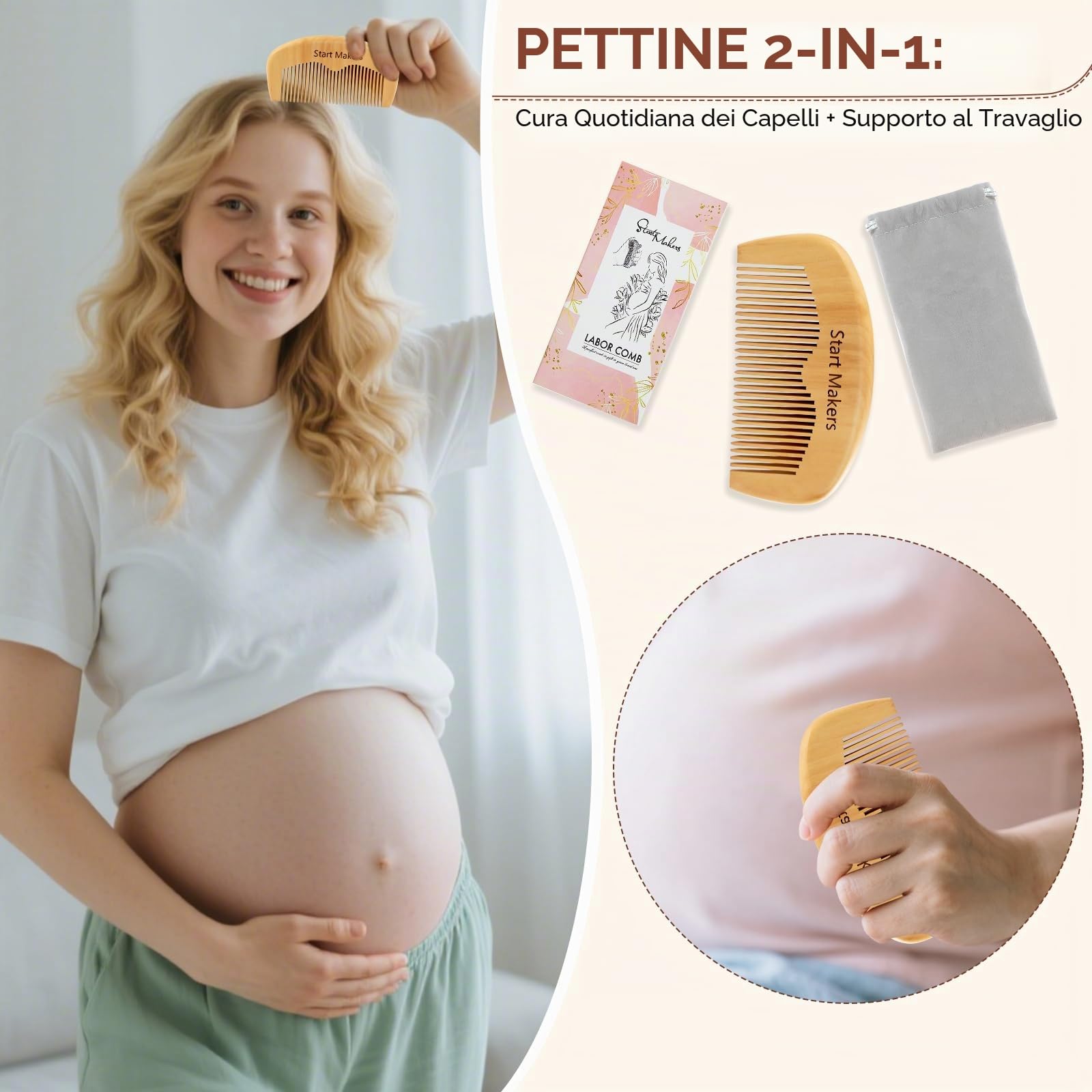 Start Makers Pettine da Parto & Pettine in Legno, Doppia Funzione per Travaglio e Capelli, Regalo Originale per Donna Incinta, Ideale per Ospedale e Dopo Parto