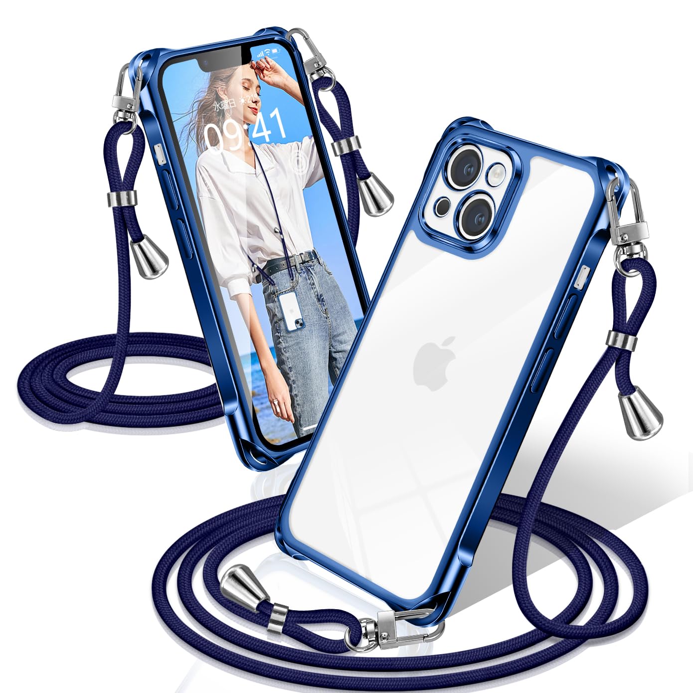 XIOYATY 用の iPhone 13 mini ケース クリア ショルダー 耐衝撃 アイフォン13 mini カバー 透明 クロスボディショルダー 電気メッキ加工 ファッション設計 長さ調整 TPUスマホ ポータブル 落下を防ぐ 四隅の保護 (ブルー)