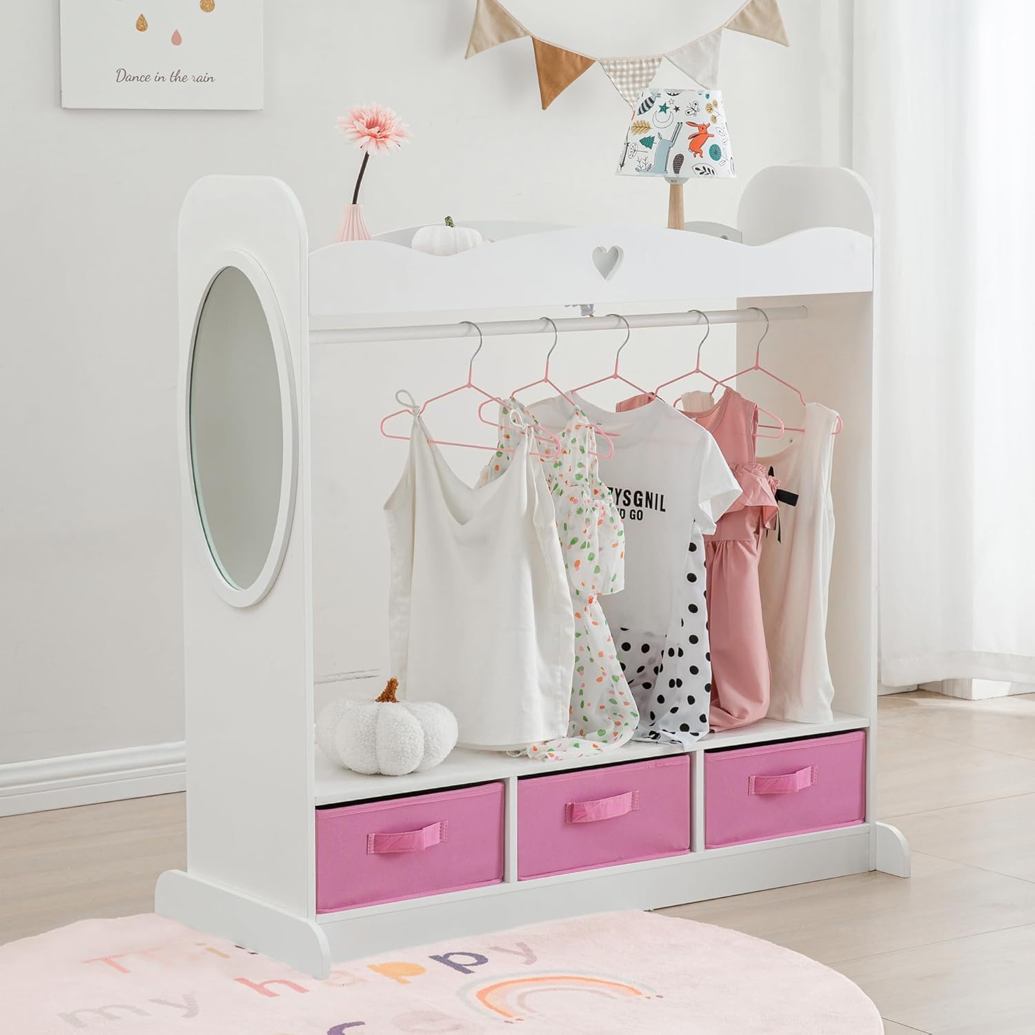 RELIANCER Kids Armoire Dress-Up Closet w/Mirror,Open Hanging Wardrobe w/Clothes Rack,Toddlers Pretend Play Costume Storage Dresser,Children Costume Organizer Center for Nursery Girl Bedroom Playroom