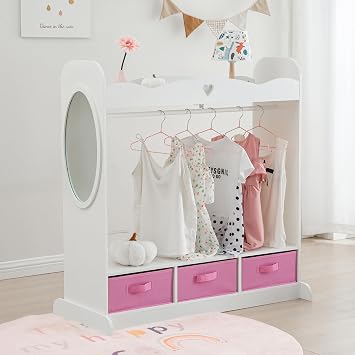 RELIANCER Kids Armoire Dress-Up Closet w/Mirror,Open Hanging Wardrobe w/Clothes Rack,Toddlers Pretend Play Costume Storage Dresser,Children Costume Organizer Center for Nursery Girl Bedroom Playroom