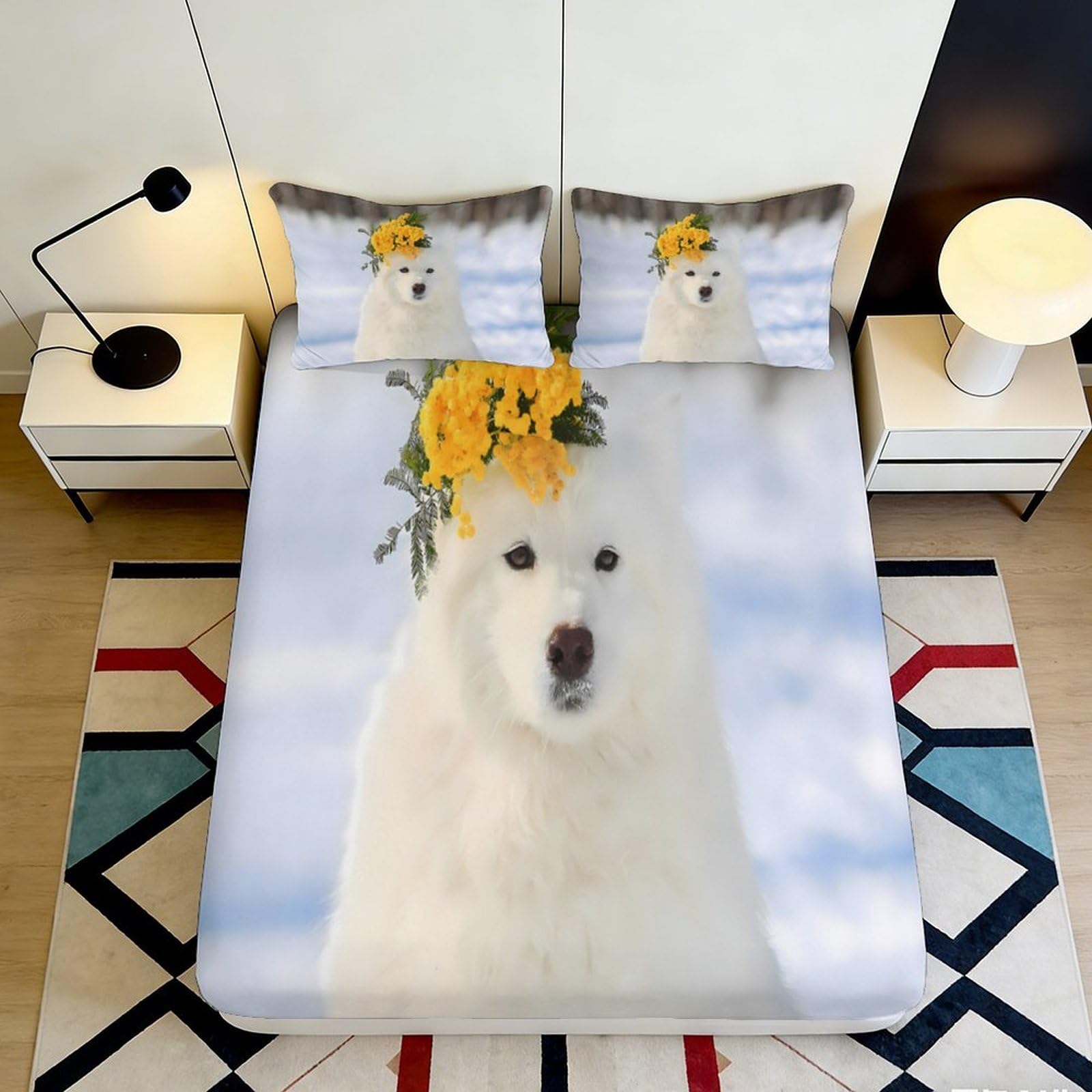 3D Printed White Samoyed Dog with Yellow Flowers Fitted Sheet Microfiber Soft Breathable Winter Snow Bed Cover for Bedroom Dormitory Guest Room Mattress Protection 160x200x25cm