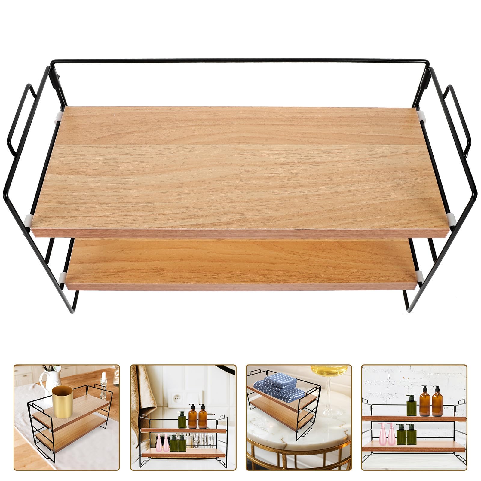 CHILDWEET Organizer Trucchi da Appoggio, Organizer Cosmetici 2 Livelli in Ferro e Legno, per Bagno e Toeletta, per Cosmetici e Articoli da Toilette