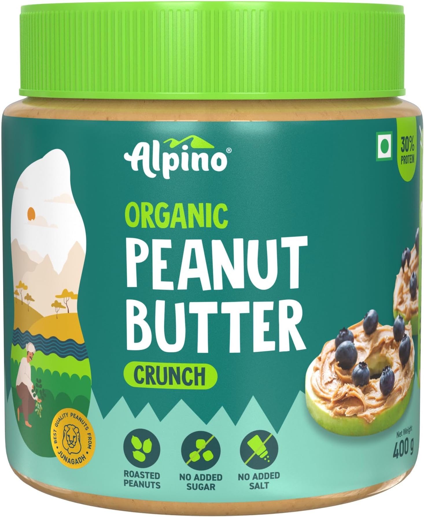 Alpino Organic Natural Peanut Butter Crunch 400 G | Unsweetened | 30 G Protein | 100% Roasted Peanuts | No Added Sugar, Salt or Hydrogenated Oils | High Protein Peanut Butter Crunchy | Gluten-Free | Vegan