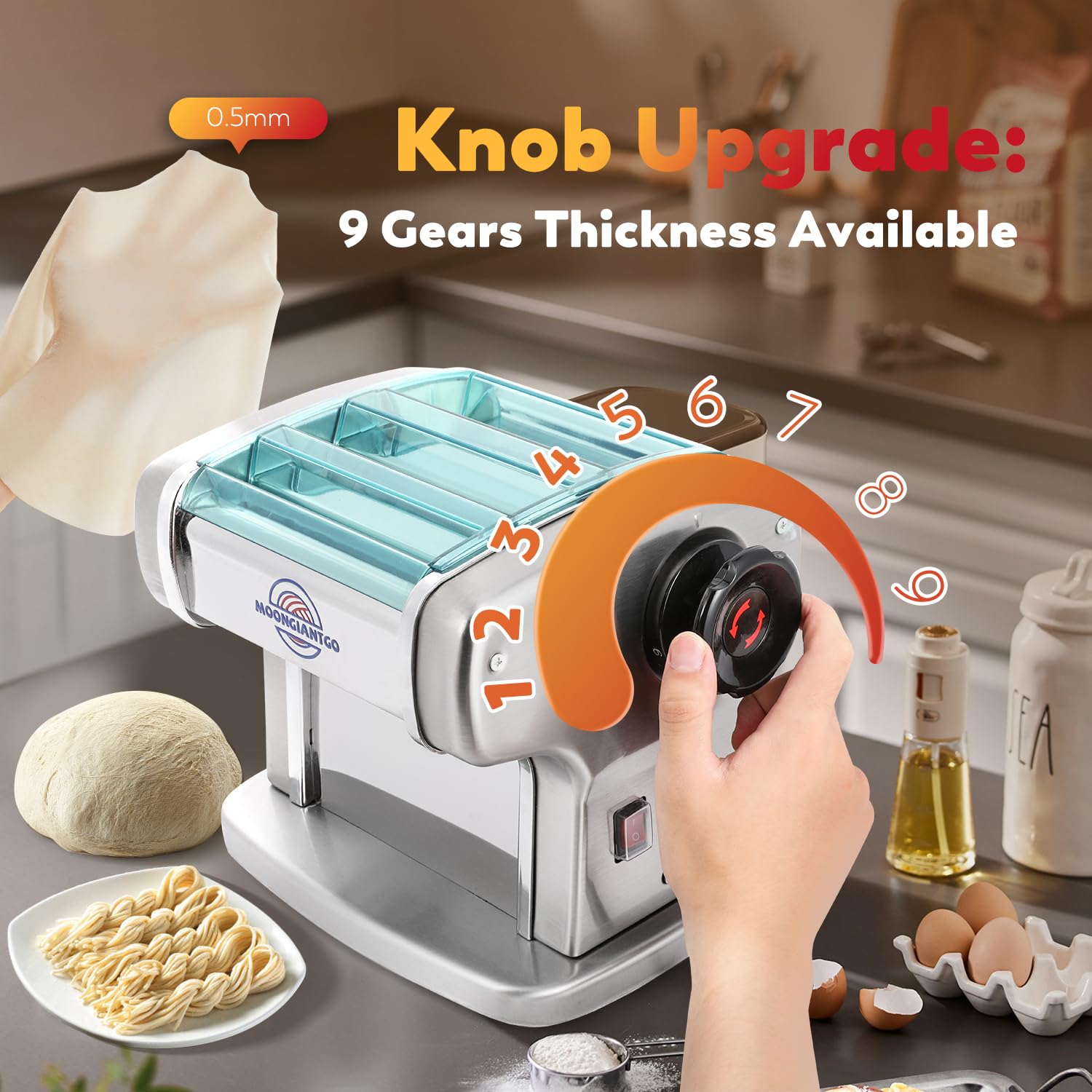 Moongiantgo Macchina per la Pasta Elettrica Acciaio Inossidabile, Con 2.5mm Tondo & 4mm Piatto Taglierina, Regolazione dello Spessore a 9 Marce 0,5-5mm, Per Fettuccine, Tagliolini, Ravioli