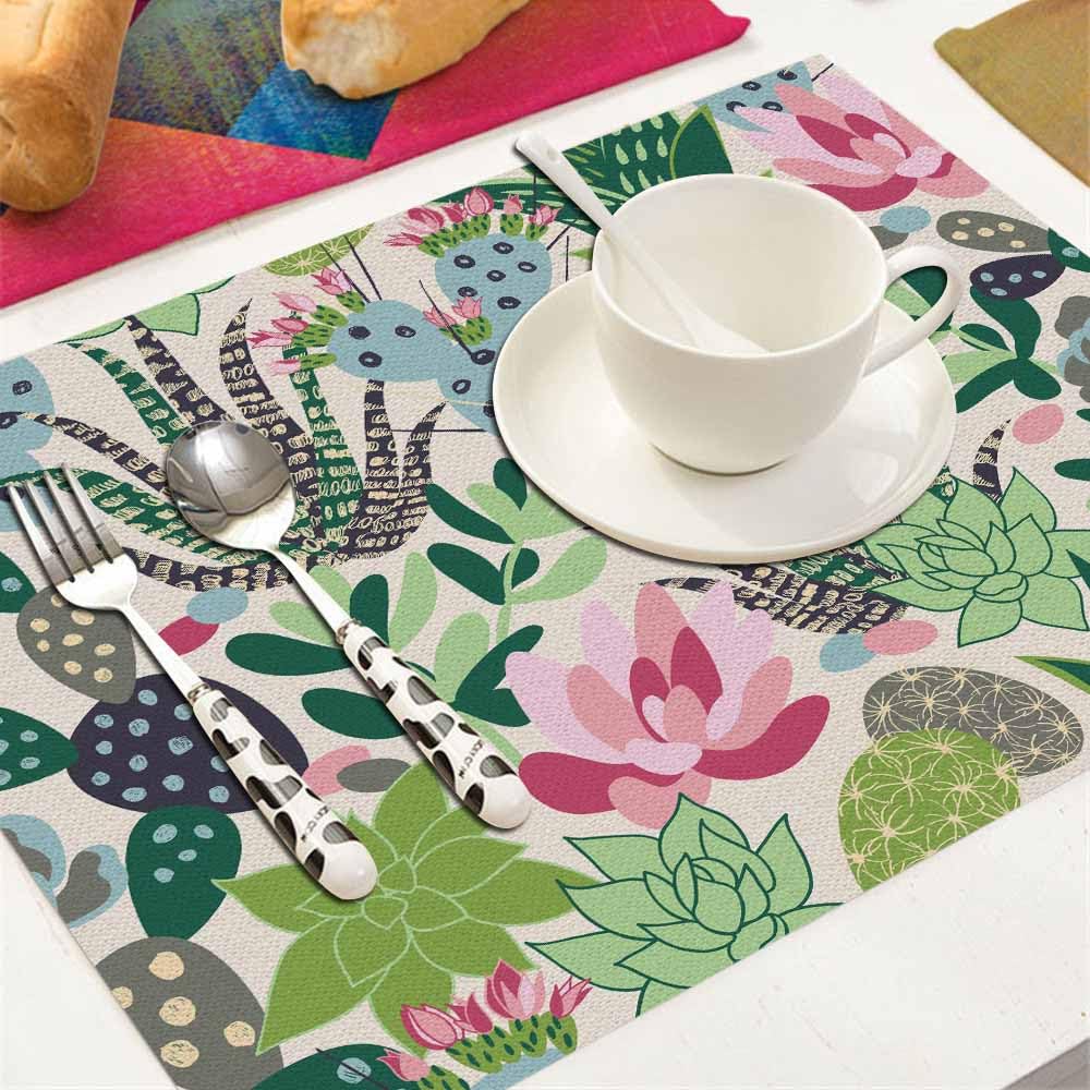 Walmsco Placemats Pink Succulent Green Cactus Plant Decor For Dining Room Kitchen Table,Waterproof Non-Slip Washable Heat Resistant Placemats,Set of 4,12"x18" - Image 4
