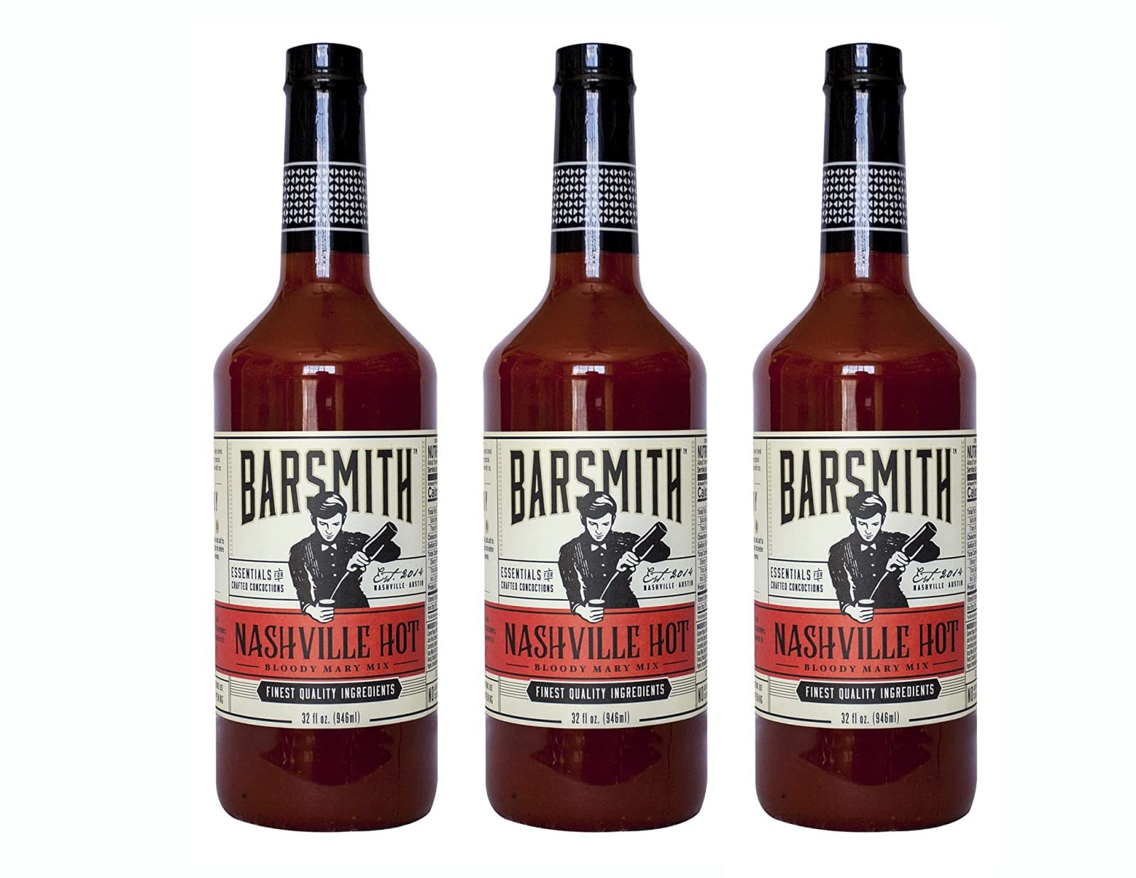 Barsmith Bar Essentials Nashville Hot Bloody Mary Mix, Lively Blend of Tomatoes, Horseradish and Spices, 32-oz. Bottle, Pack of 3