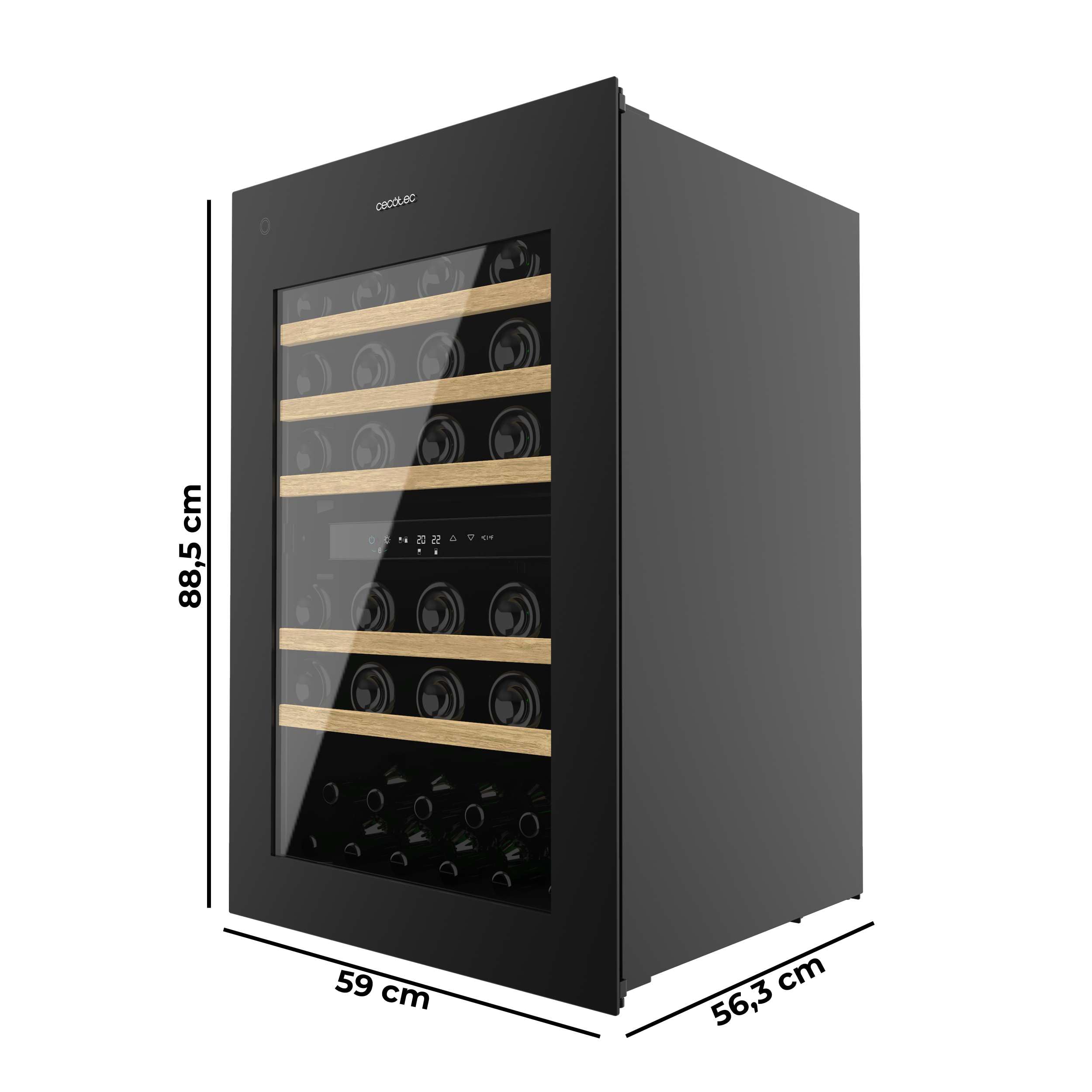 Cecotec Zintegrowana półka na wino 57 butelek Bolero Grandsommelier Duo 57000 Touch Black. Czarne wykończenie, ciche chłodzenie (38 Db) i dotykowy panel sterowania LED