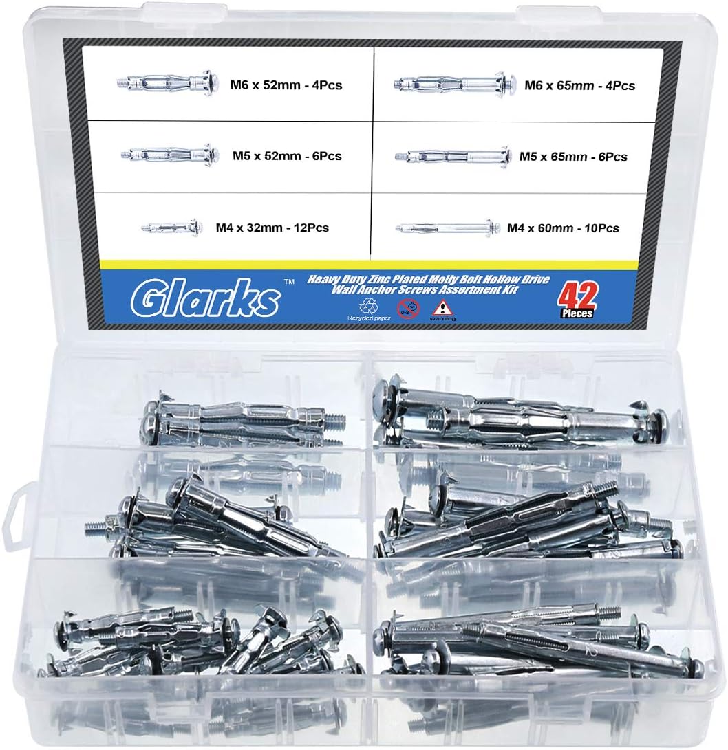 Glarks 42Pcs 6 Size Heavy Duty Zinc Plated Steel Molly Bolt Hollow Drive Wall Anchor Screws Assortment Kit for Drywall, Plaster and Tile
