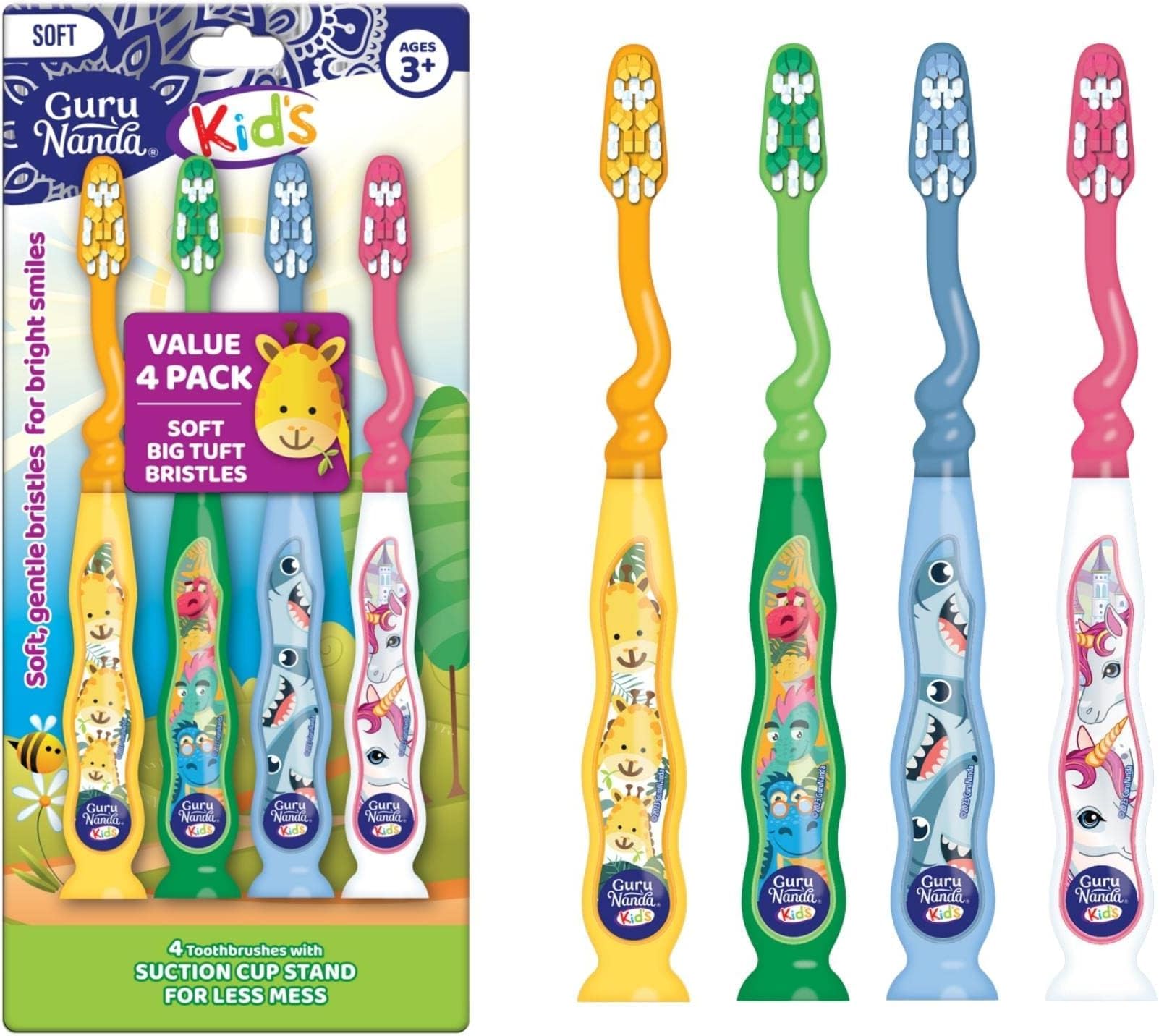GuruNanda Kids Toothbrush with Suction Cup &amp; Fun Animal Designs - Soft Bristles for Healthy Gums- Non-Slippery &amp; Mess-Free Toothbrush, 3+ Age- 4 Count (Pack of 6)