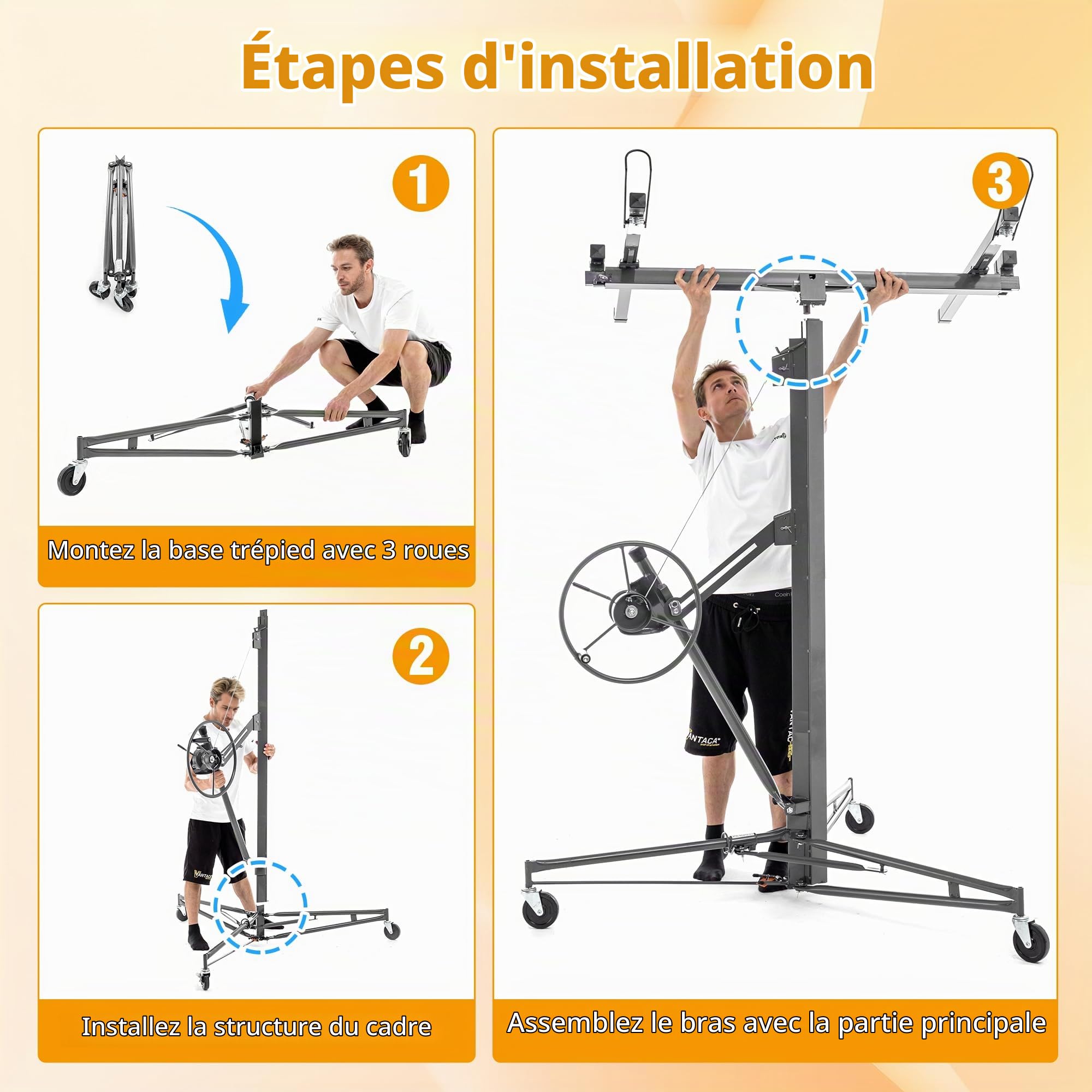 Lève Plaque Manuel 68 kg Monte Plaque à Crémaillère, Hauteur Réglable 140-350 cm, Inclinaison 60°, Chariot de Levage Pliable pour Placo Plafonds, Roues Freinées Mobil et sécurisé
