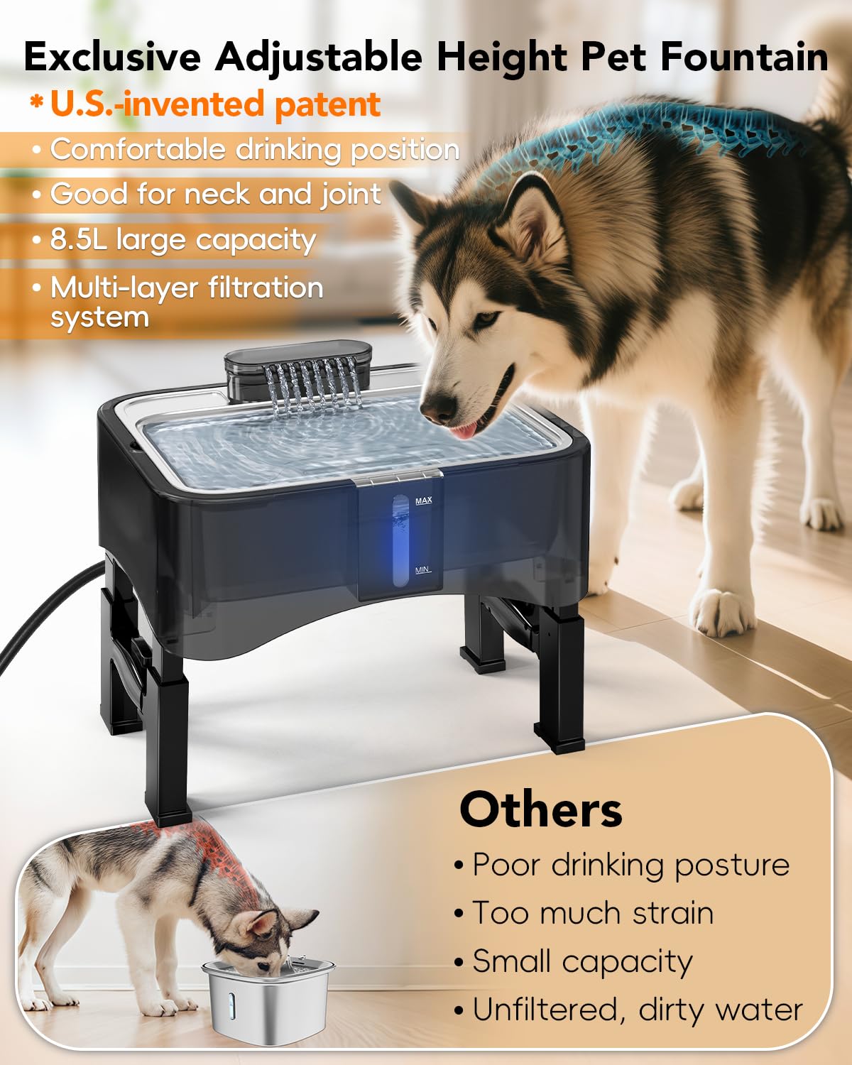 UPSKY 2.25Gal Elevated Dog Water Fountain, 4 Heights Adjustable Pet Fountain for All Dog Sizes, 304 Stainless Steel Tray Indoor Cat Drinking Dispenser with Ultra-Quiet Pump & 2 Replacement Filters - image 4