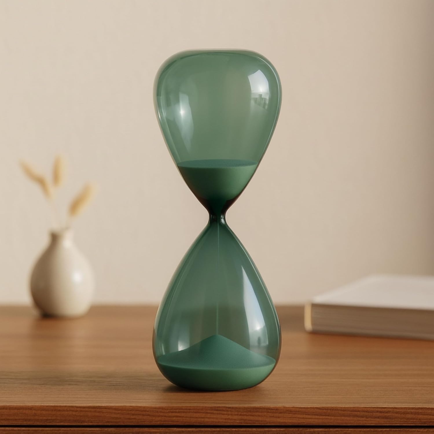 Bombara Teal Hourglass Decorative Object – Small Transparent Glass Sand Timer Modern Home Decor Accent – Shelf & Coffee Table Decor for Office & Living Room – 14", Blue & Green