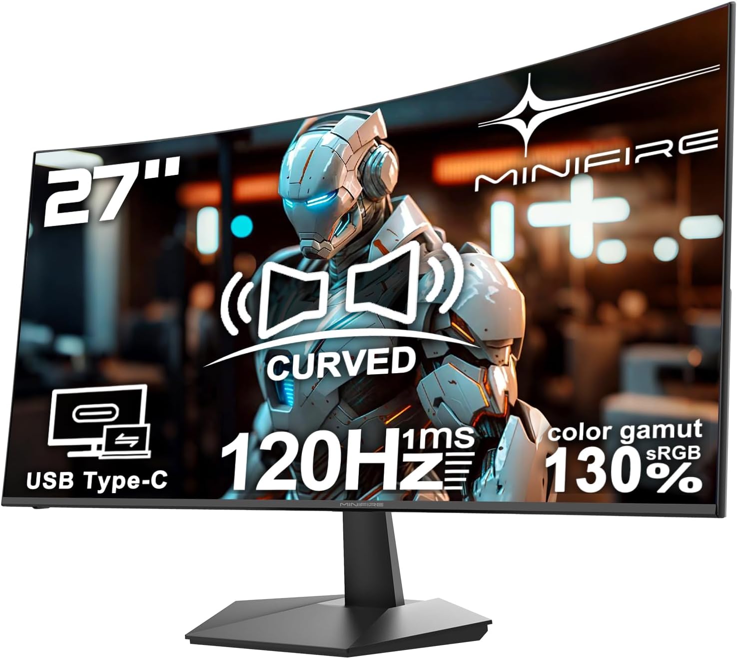 Minifire 27 Inch 120Hz Curved Monitor, USB Type-C Port, Built in Speaker, Eye-Care for Business/Office, FHD 1080p PC Screen, VESA 100x100, FlickerFree, Lowblue Mode, Anti Glare, HDMI Port (MF27C1): image 1 of 8