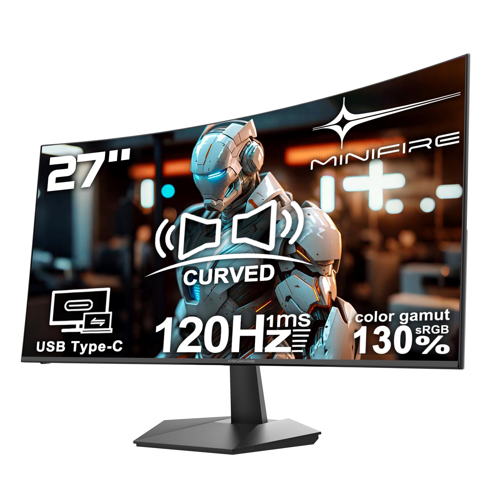 MINIFIRE 27インチ IPSモニター 120Hz Minifire 27 Inch 120Hz Curved Monitor, USB Type-C Port, Built in