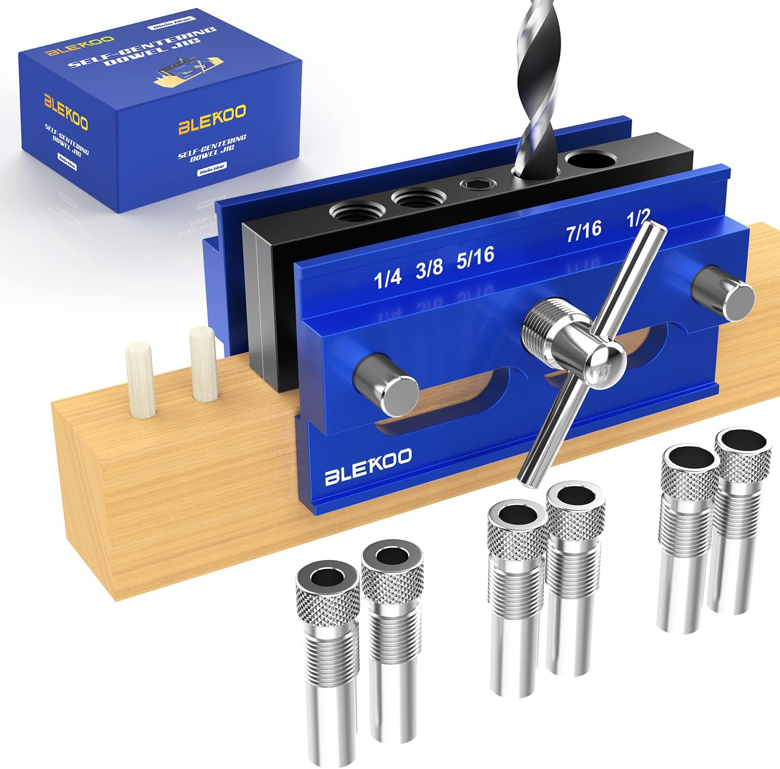 Self Centering Dowel Jig Kit, Doweling Jig Drill Guide Pocket Hole Jig for Straight Holes (Blue)