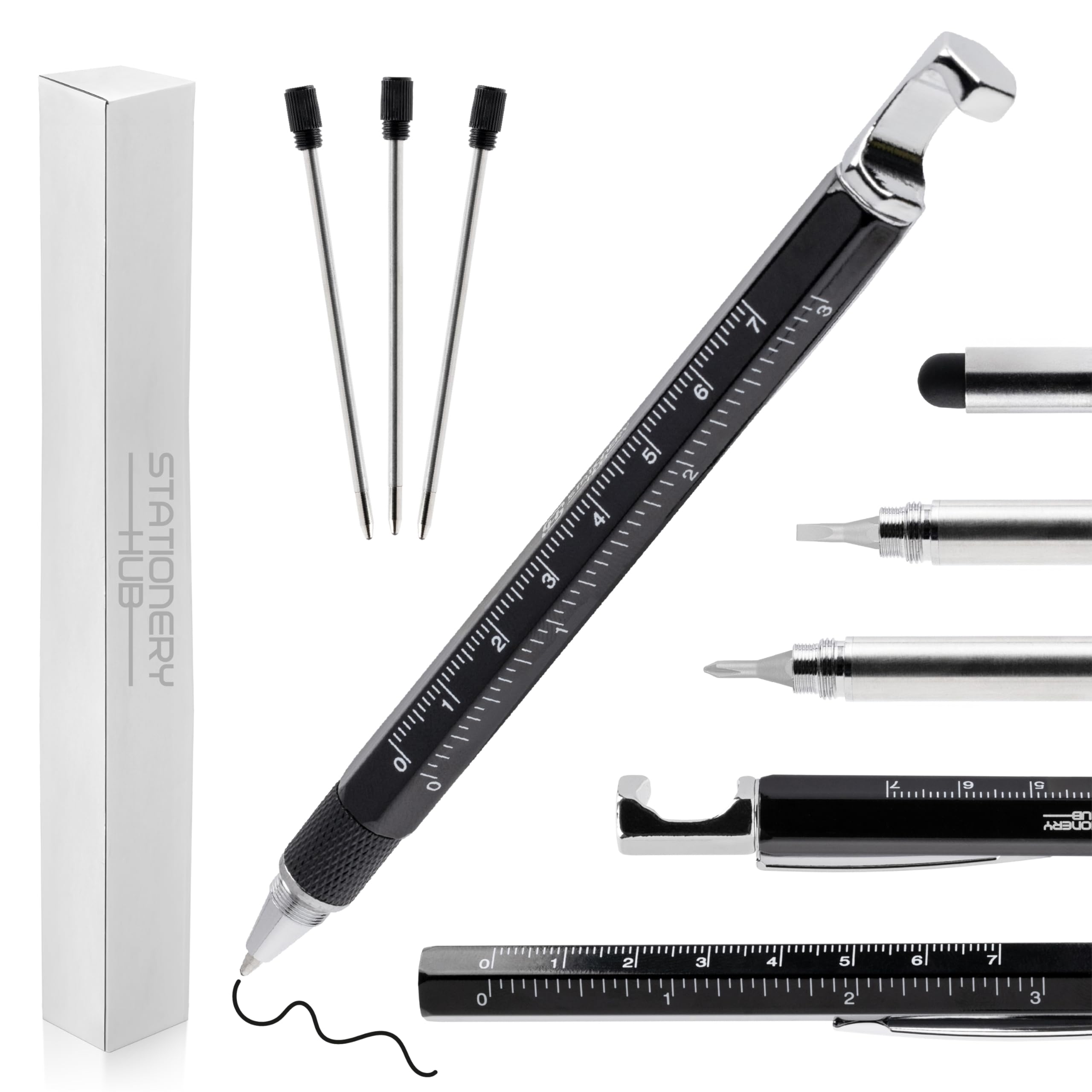 EDC Penna Multifunzione 6 In 1 – 8 Pezzi Con Livella, Righello, Cacciavite E Stilo – Regalo Gadget Per Uomo