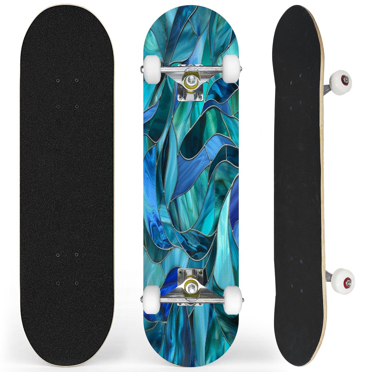Complete Skateboard with Dynamic Blue Water Stained Glass Abstract Piece Beginner Skateboard 7-Layer Maple Wood Double Kick Concave Skateboards for Kids, Adults, Teens 31