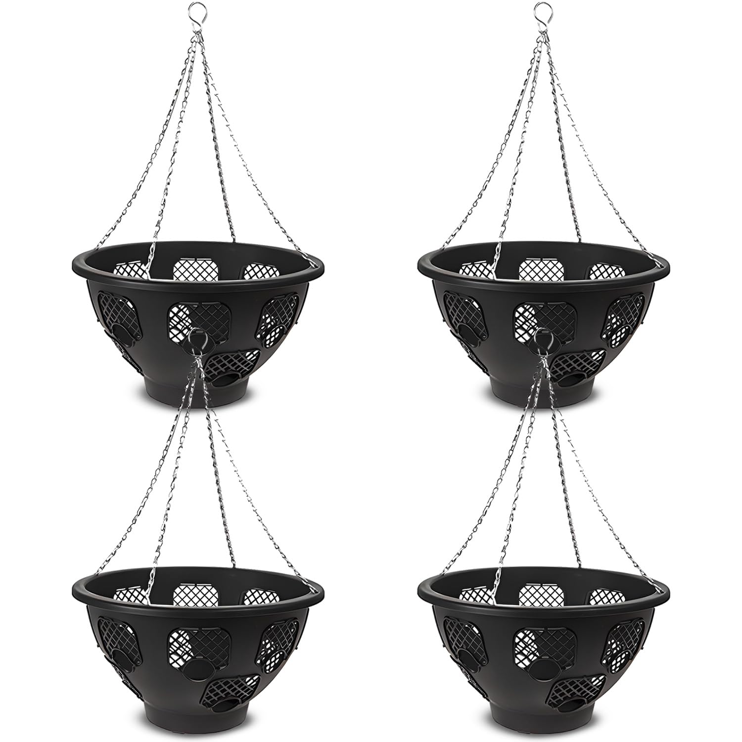 Original Easy Fill Set of 4 Hanging Basket - 14 Inch Black Hanging Planters for Balcony, Indoor, or Outdoor - Plastic Basket for Herb, Flowers, or Plants