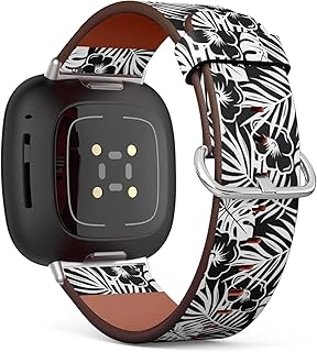 CJBROES Replacement Leather Watch Band, Compatible with Fitbit Versa 3 and Fitbit Sense of Wristband Bracelet Accessory - Tropical Palm Leaves