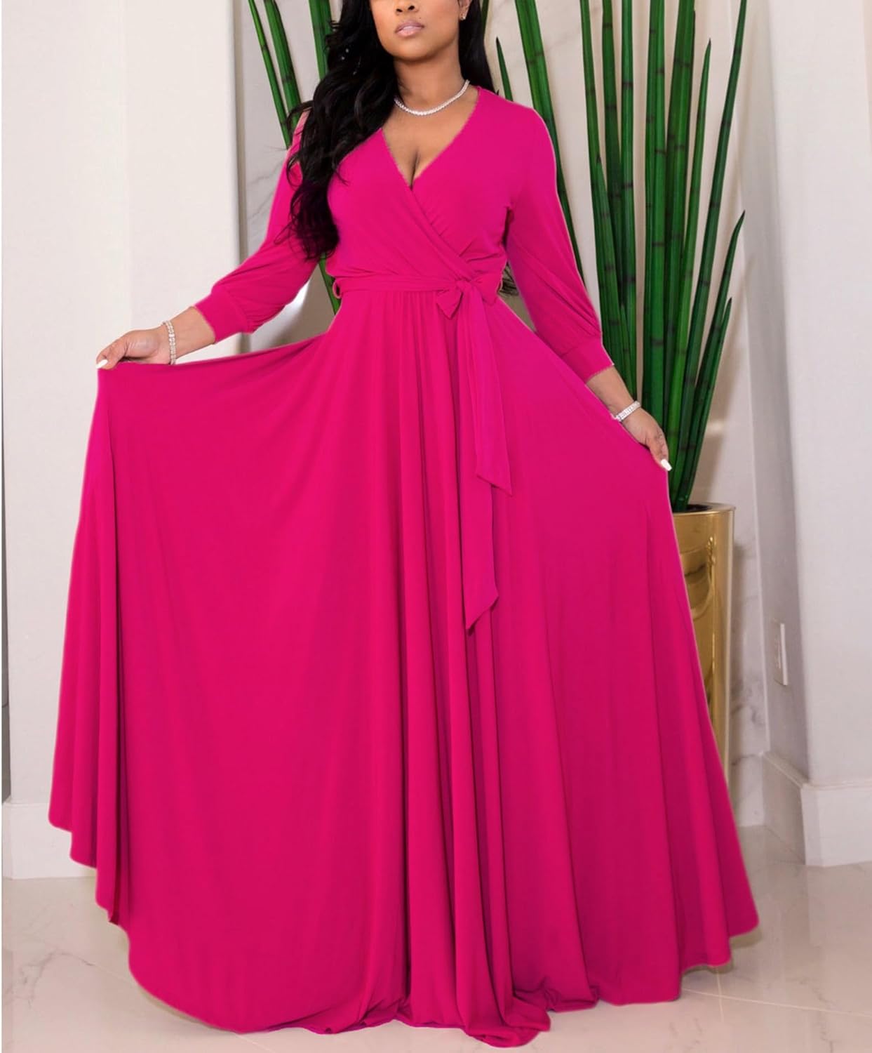 Sexyshine Women's Deep V Neck Long Sleeve Wrapped Maxi Dress High Waist Pleated Belted Party Cocktail Long Dress - Image 3