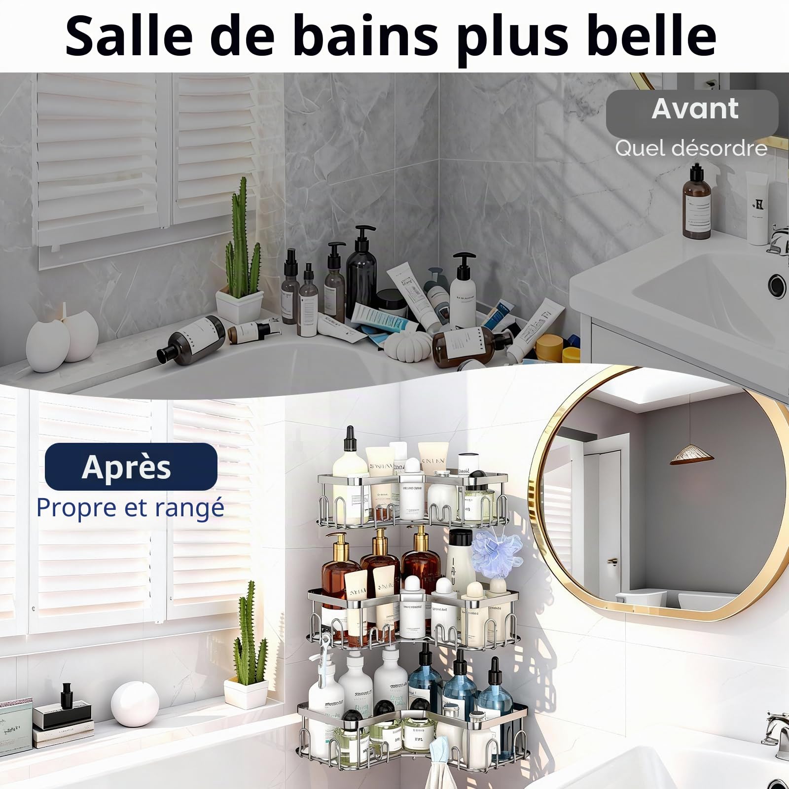 Menbyci Lot de 3 étagères d'angle de douche avec 18 crochets, en acier inoxydable adhésif pour salle de bain (argenté)