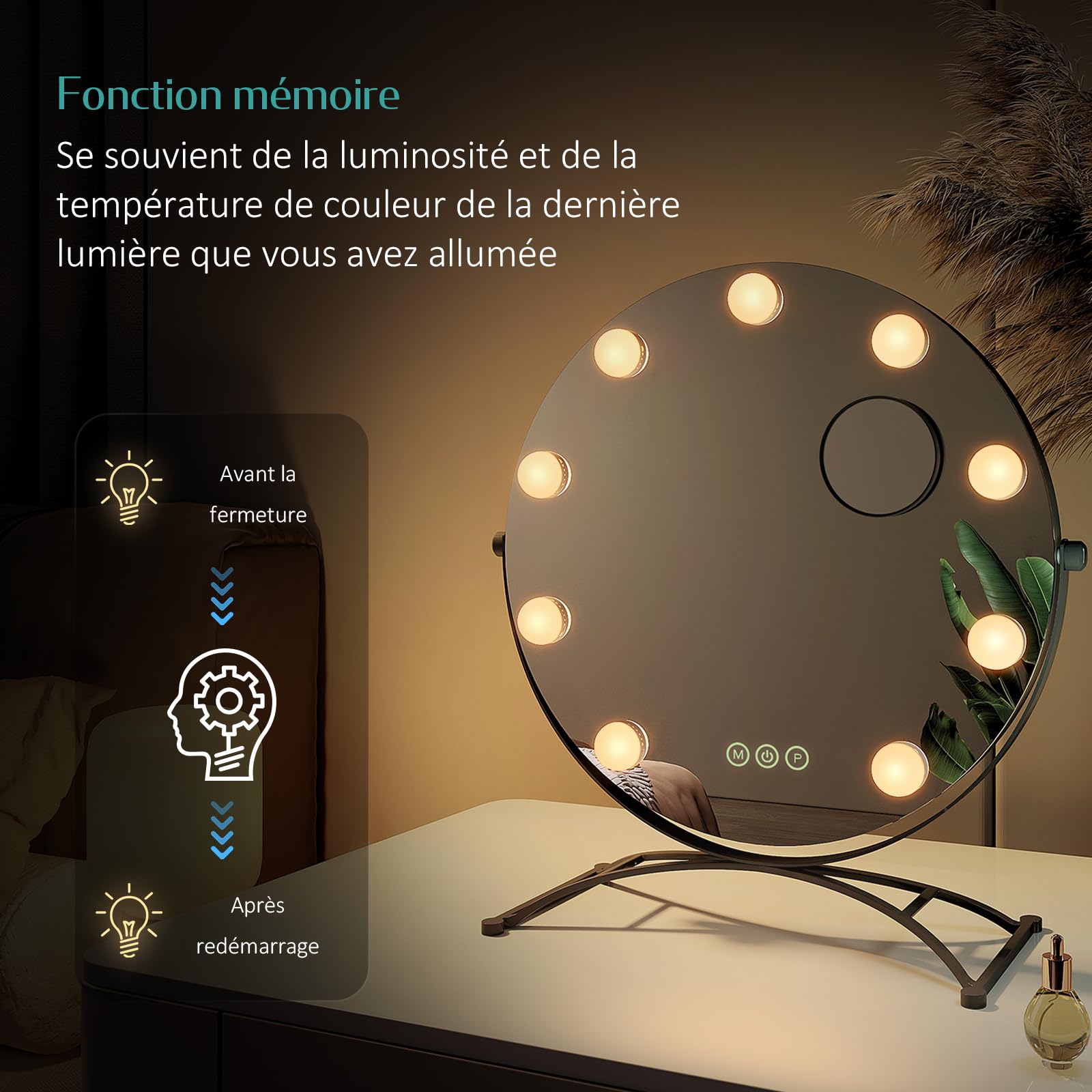 EMKE Hollywood - Espejo de Maquillaje Redondo, diámetro 50 cm, Marco Negro, Espejo de Aumento 7 x con 11 Bombillas LED, Interruptor táctil, rotación 360°, luz 3000K/4000K/6500K
