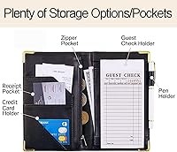 Vista 3 de Libros de servidor para mesera - Cartera de cuero PU marrón con bolsillo con cierre, motivo navideño; lindo organizador para meseros con bolsillo