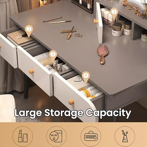 Miniatura 4 de Mesa de tocador de maquillaje con 3 cajones y 4 estantes, escritorio de tocador con espejo iluminado LED, brillo ajustable de iluminación, mesas de