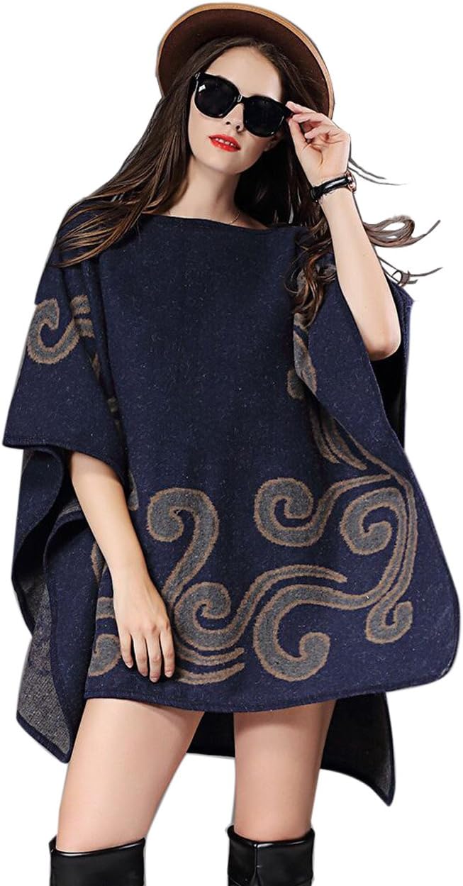 Womes Poncho Shawl Wraps Pullovers Jacquard Cape Plus Size Sweater Batwing Coat Cloak (Navy Blue)