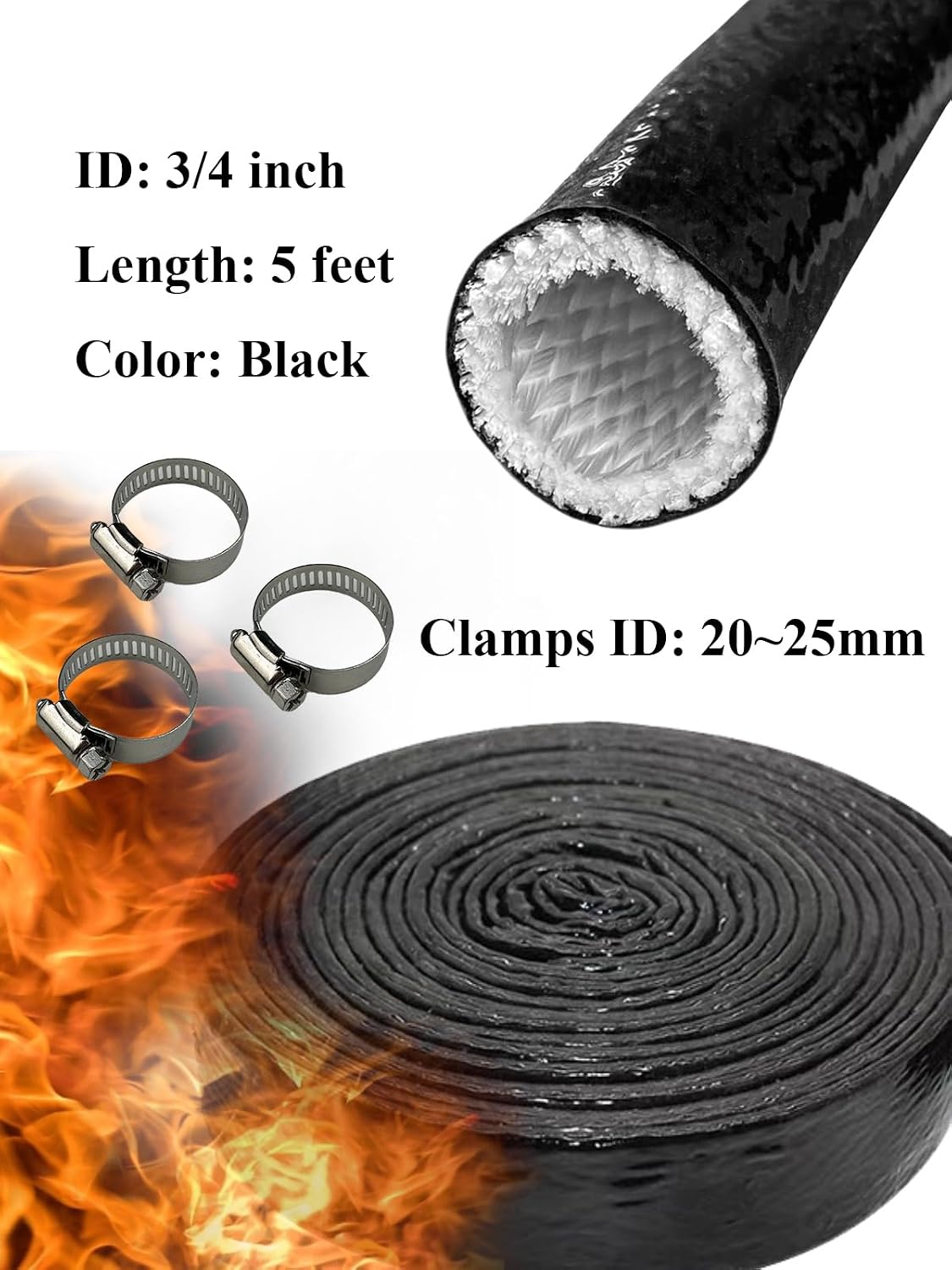 YAMAKATO 3/4" 1" ID Heat Shielded Fire Thermo Armor Fire Sleeve kit Silicone Coated Fiberglass Heat Protection w/ 3 Clamps for Automotive Hose Lines & Electrical Wiring (Black, 5FT